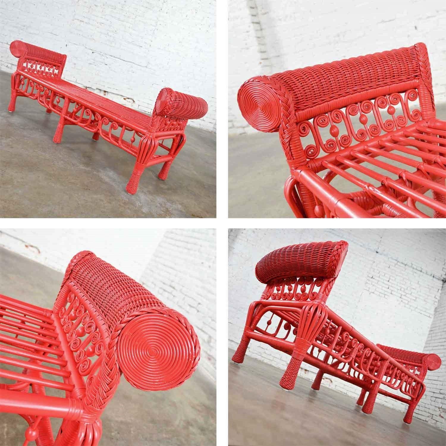 Hollywood Regency Boho Chic Poppy Red Painted Gondola Style Wicker Bench Table 4