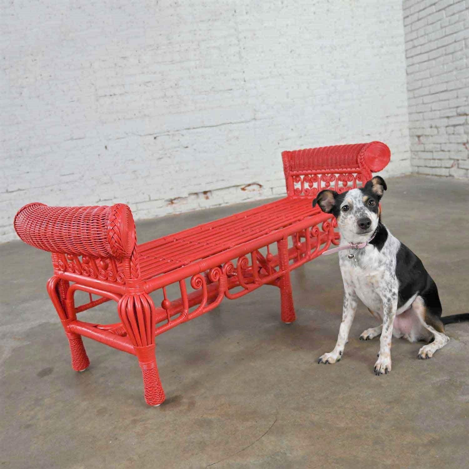 Amazing Hollywood Regency boho chic poppy red painted gondola style wicker bench or make it a table. Beautiful condition, keeping in mind that this is vintage and not new so will have signs of use and wear. This has been totally repainted by our