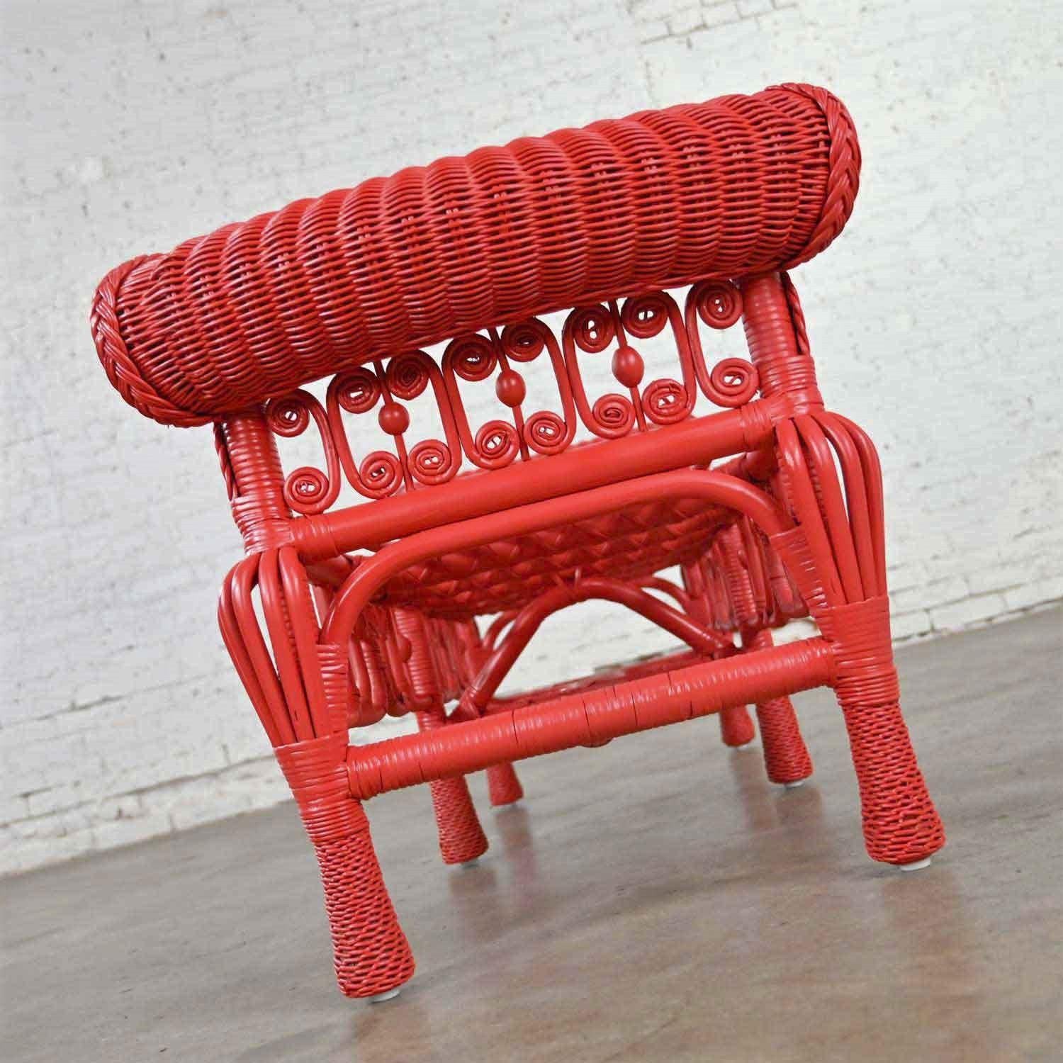 20th Century Hollywood Regency Boho Chic Poppy Red Painted Gondola Style Wicker Bench Table