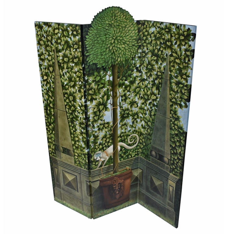 Solid wood hand painted folding screen room divider by Maitland Smith. Bright and vibrant with a captivating, tropical, Neo Art Deco design and color scheme. Three panels firmly connected with double-action industrial hinges and completely wrapped