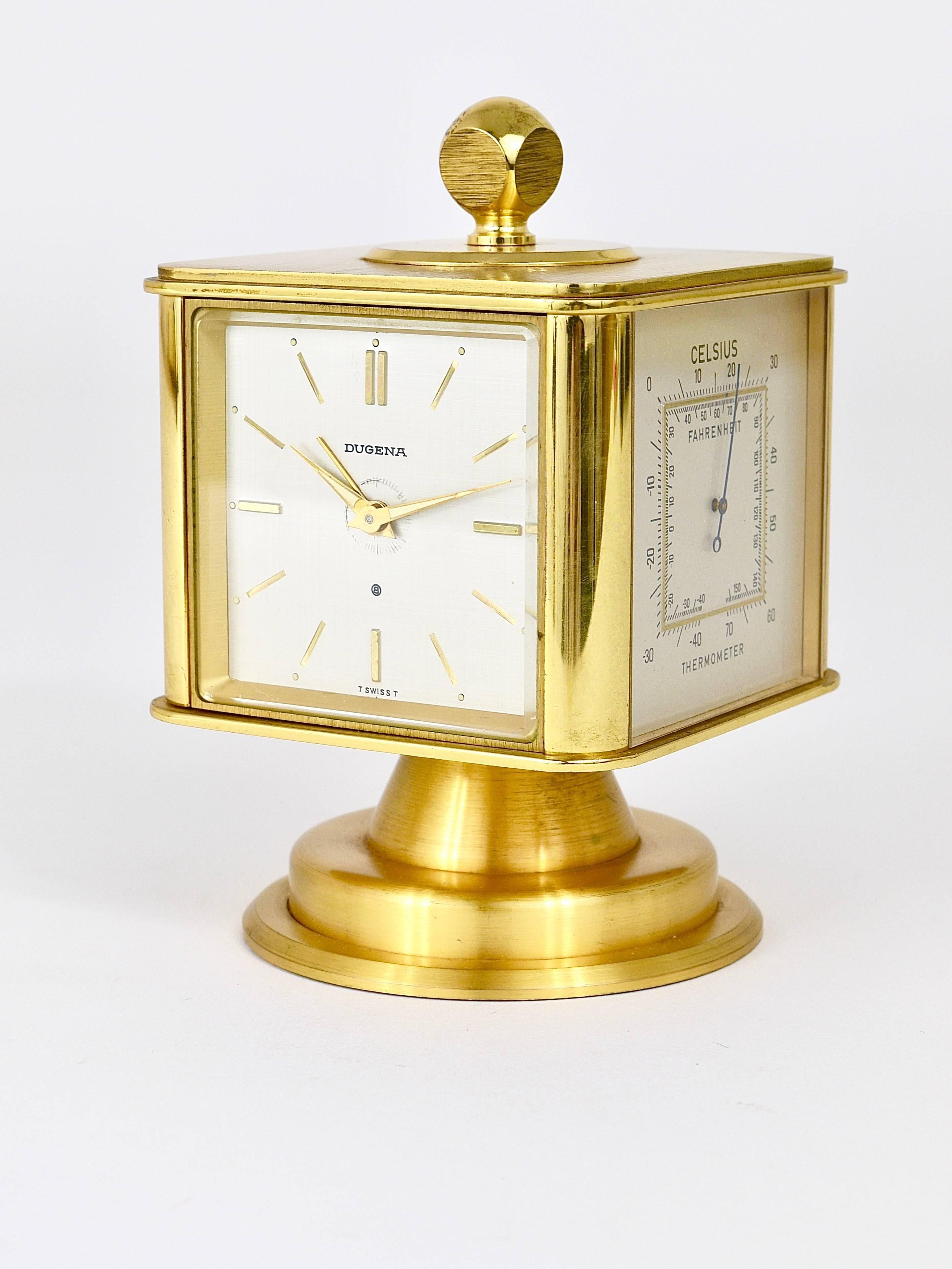 Hollywood Regency Brass Alarm Desk Clock and Weather Station by Dugena, Germany 8