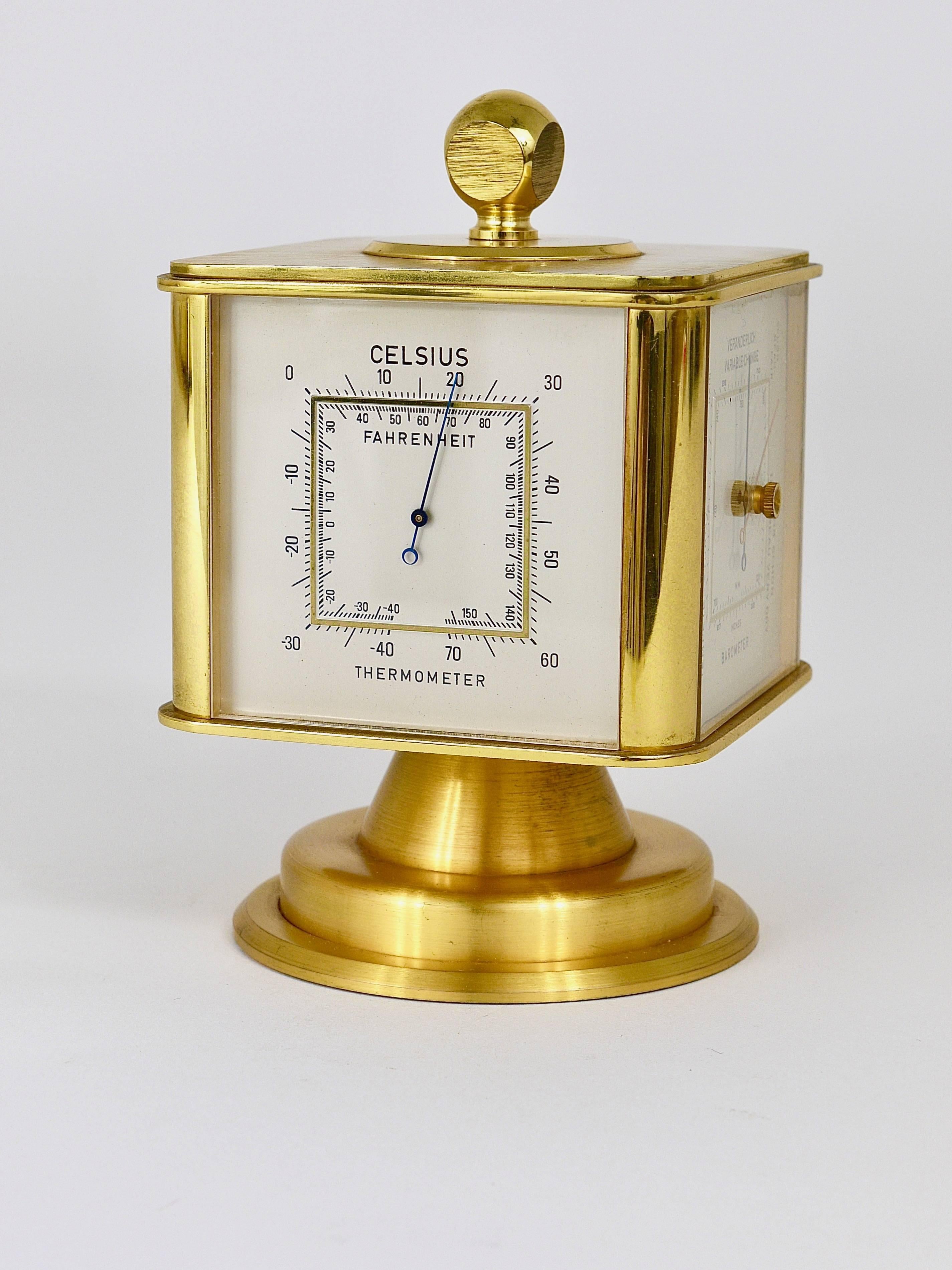 Hollywood Regency Brass Alarm Desk Clock and Weather Station by Dugena, Germany 10