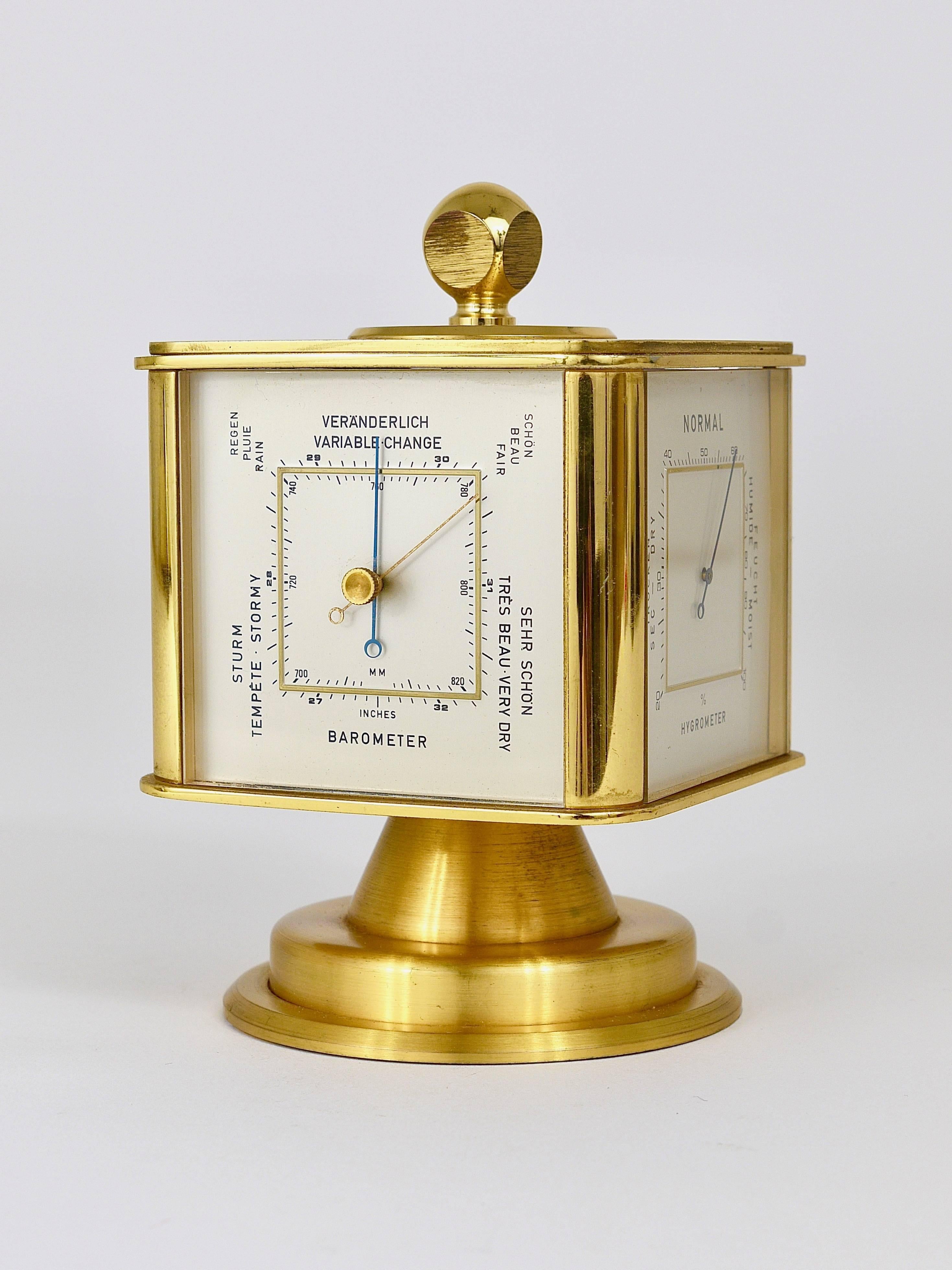 Hollywood Regency Brass Alarm Desk Clock and Weather Station by Dugena, Germany 11