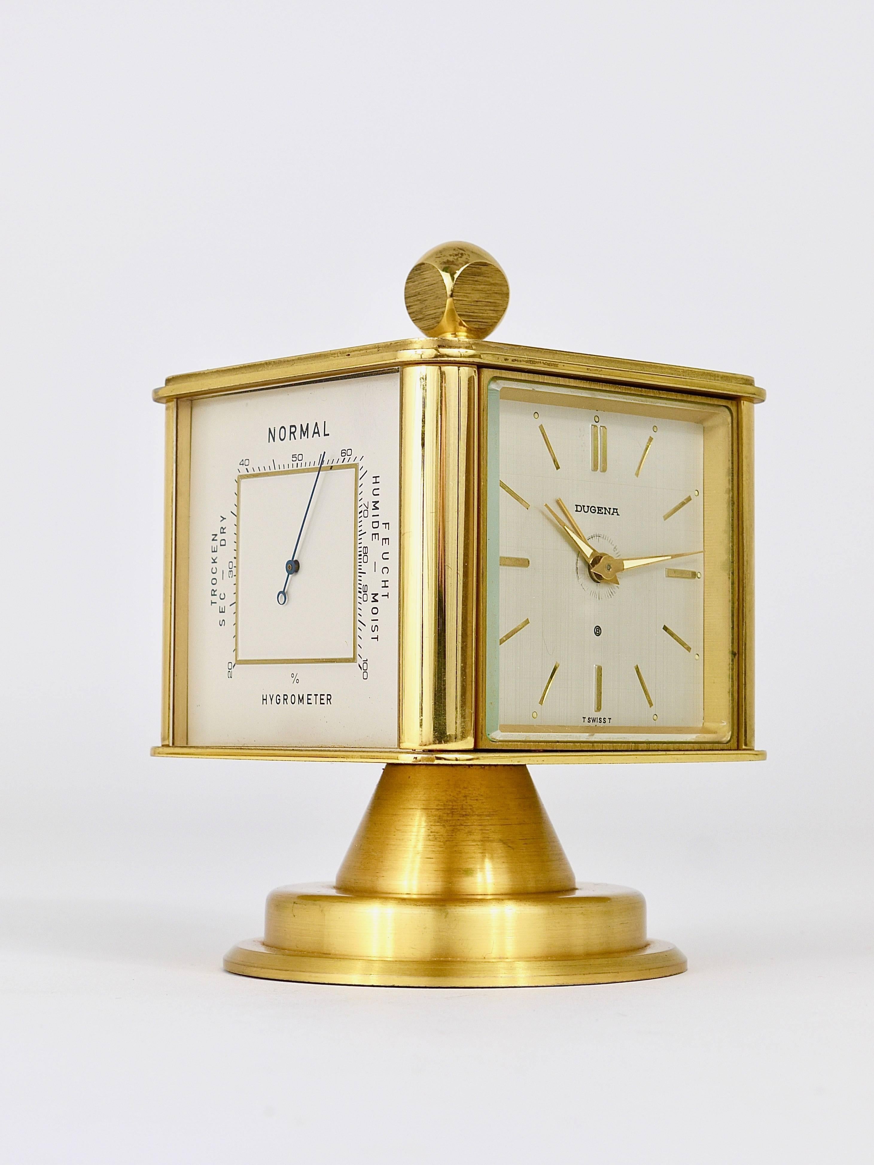 Hollywood Regency Brass Alarm Desk Clock and Weather Station by Dugena, Germany 12