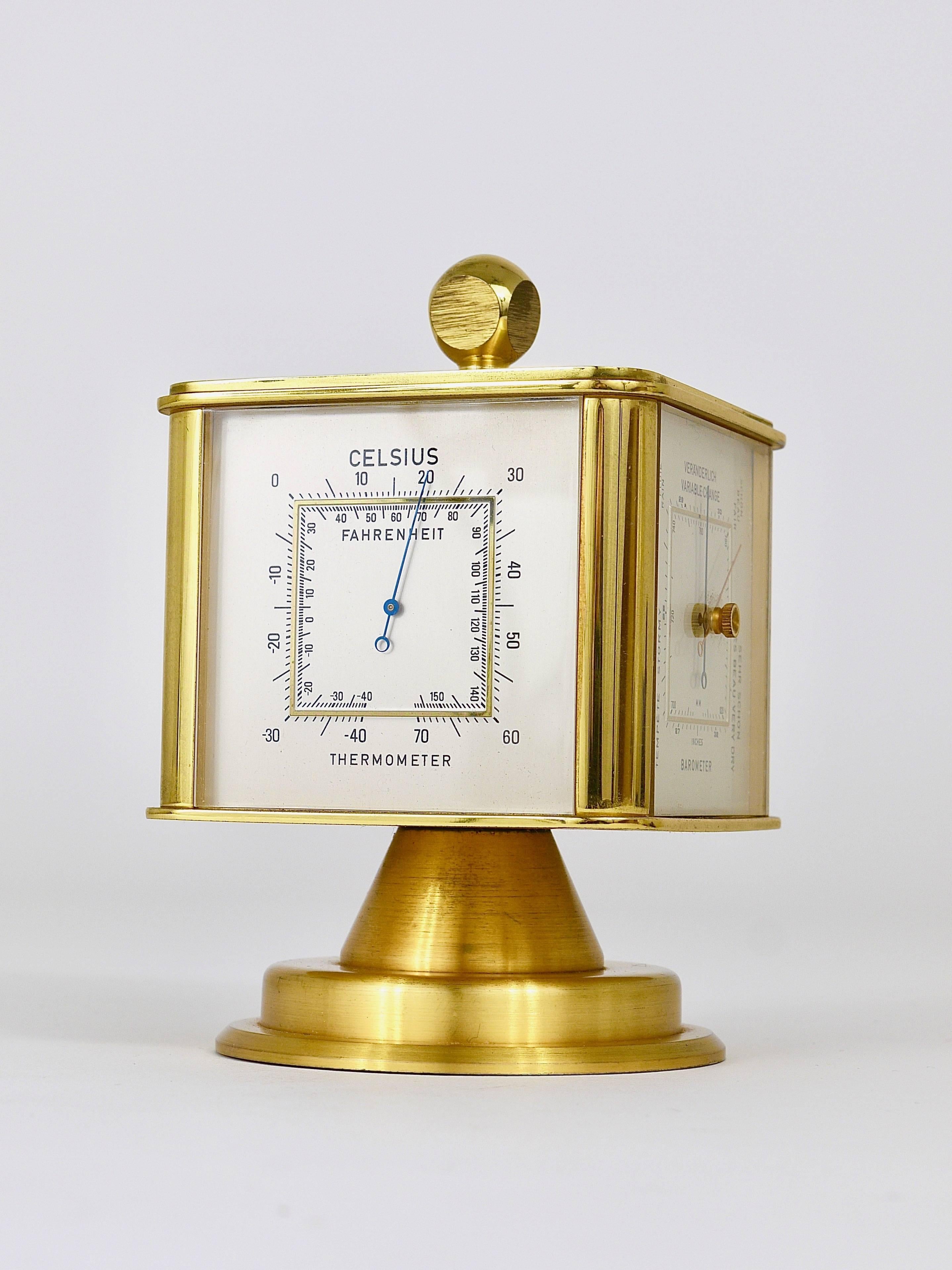 Hollywood Regency Brass Alarm Desk Clock and Weather Station by Dugena, Germany 13