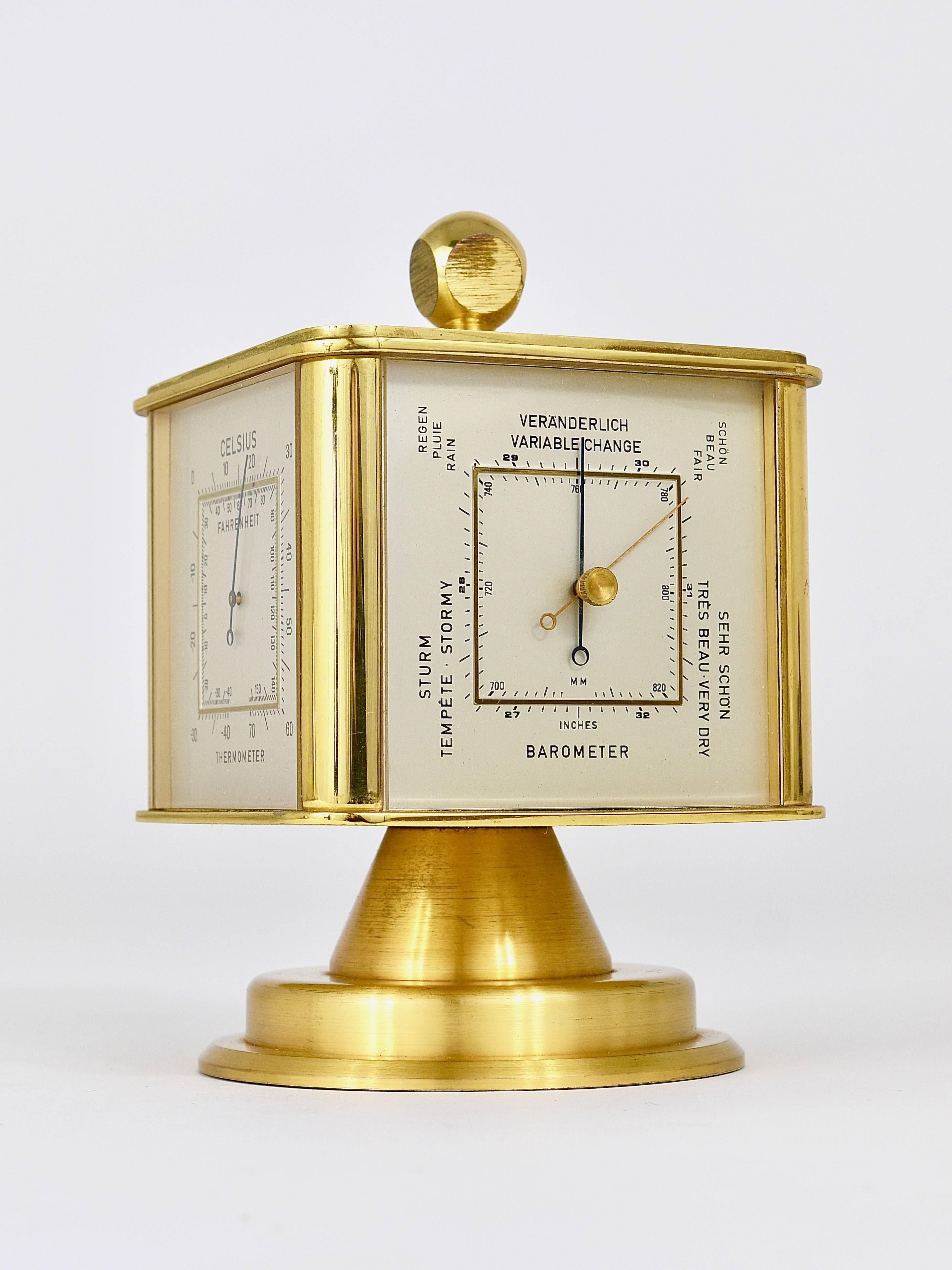 Hollywood Regency Brass Alarm Desk Clock and Weather Station by Dugena, Germany 14