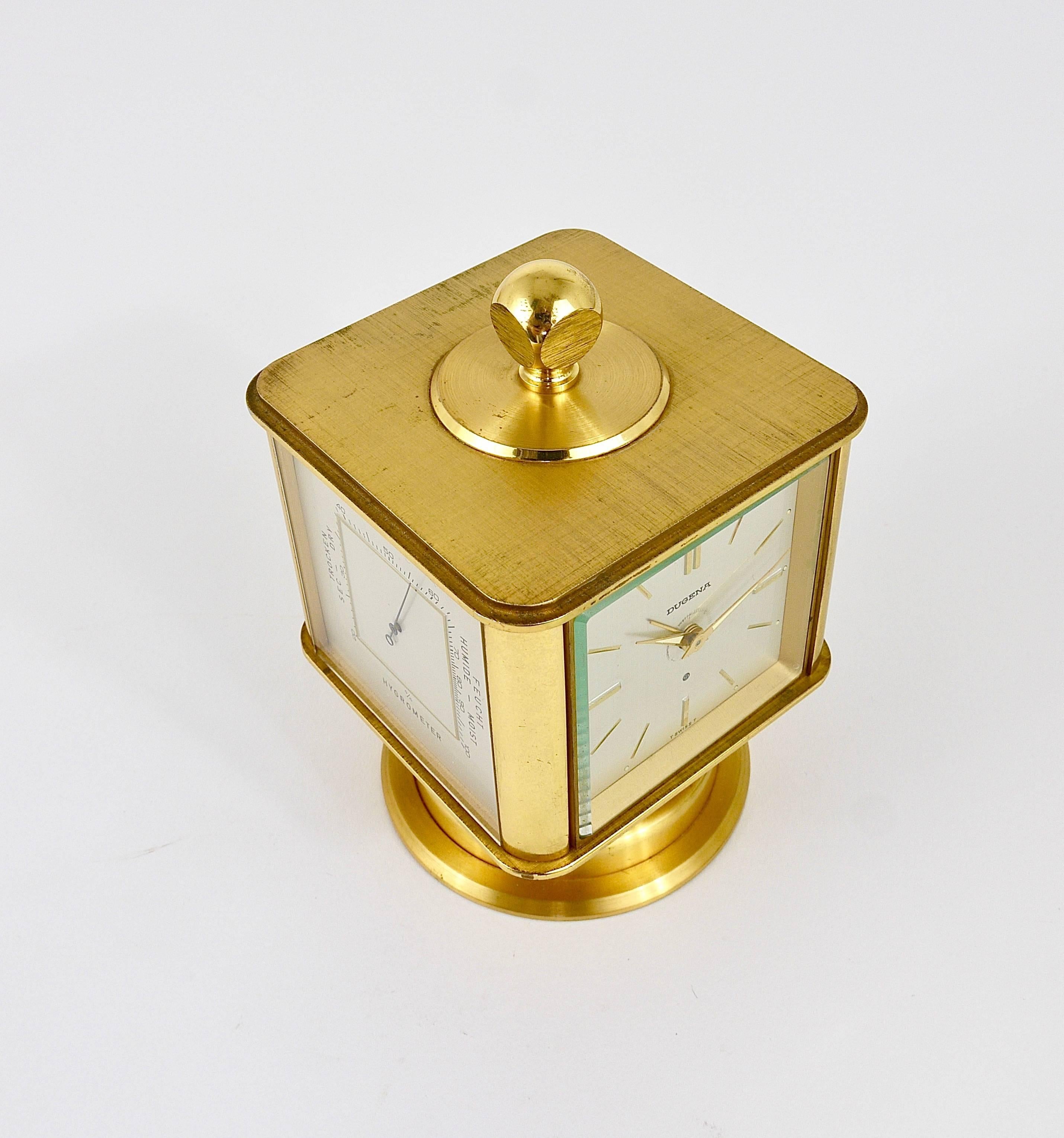 Hollywood Regency Brass Alarm Desk Clock and Weather Station by Dugena, Germany In Excellent Condition In Vienna, AT