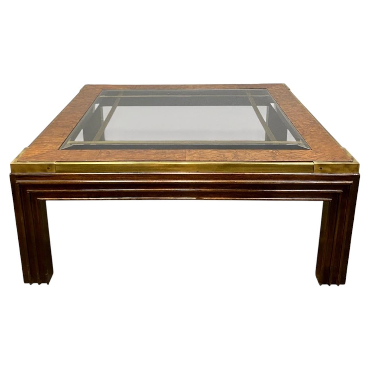 Hollywood Regency Brass and Burlwood Square Coffee Table
