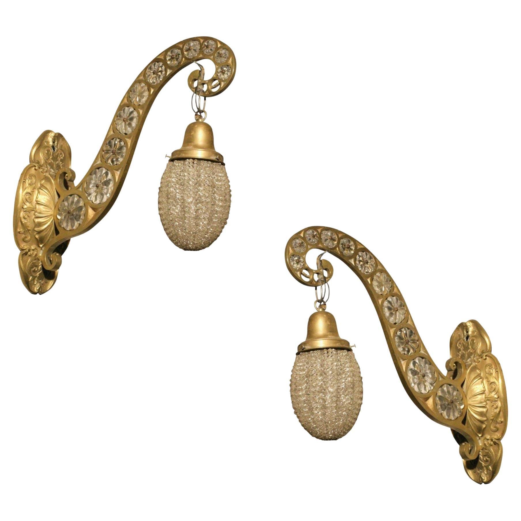 Hollywood Regency Brass and Crystal Beaded Sconce, Pair For Sale