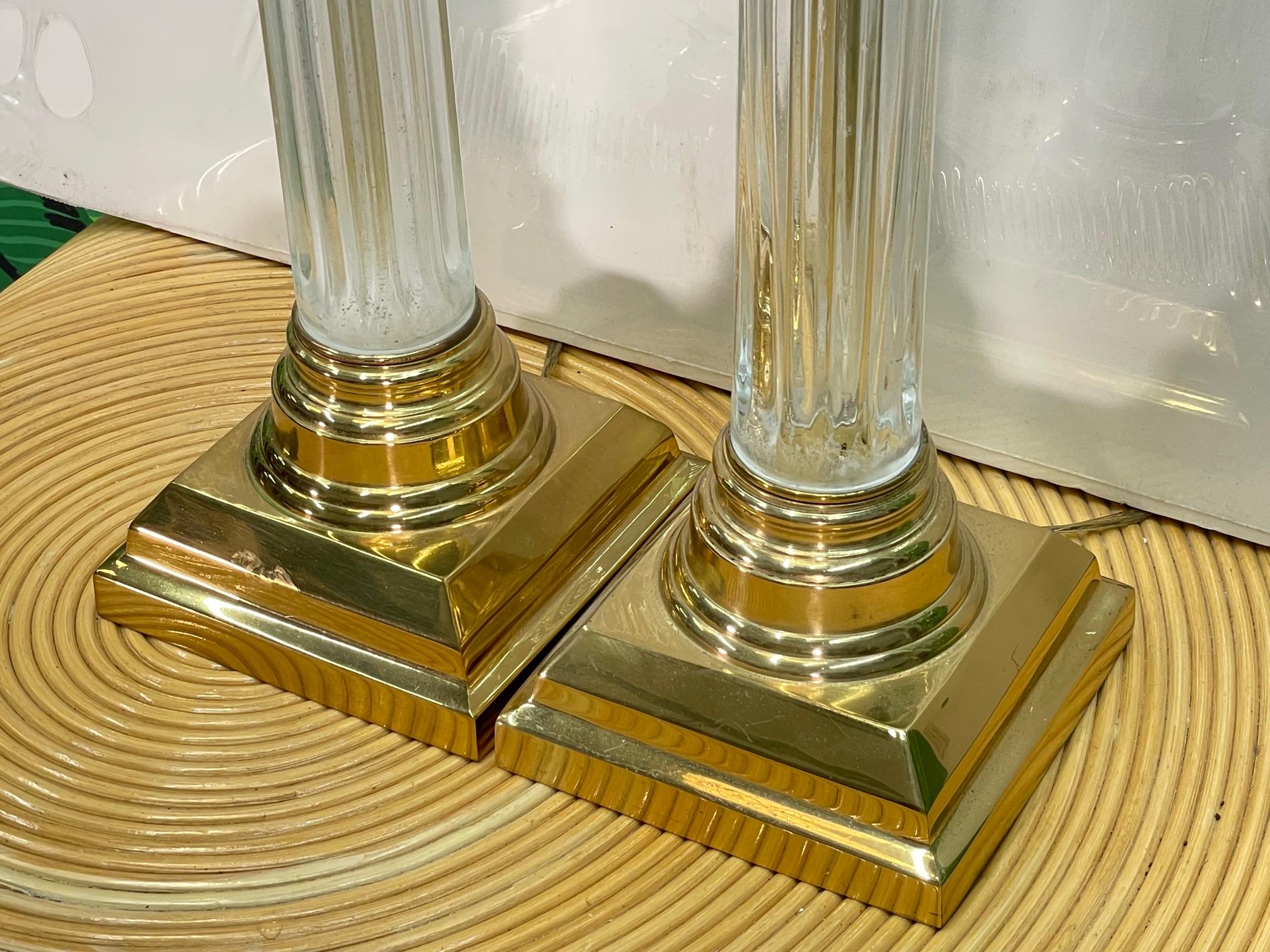 Hollywood Regency Brass and Crystal Column Table Lamps In Good Condition In Jacksonville, FL