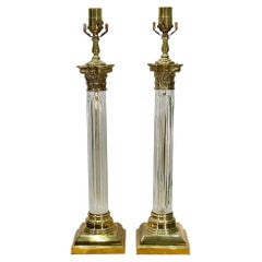 Vintage Hollywood Regency Brass and Crystal Column Table Lamps