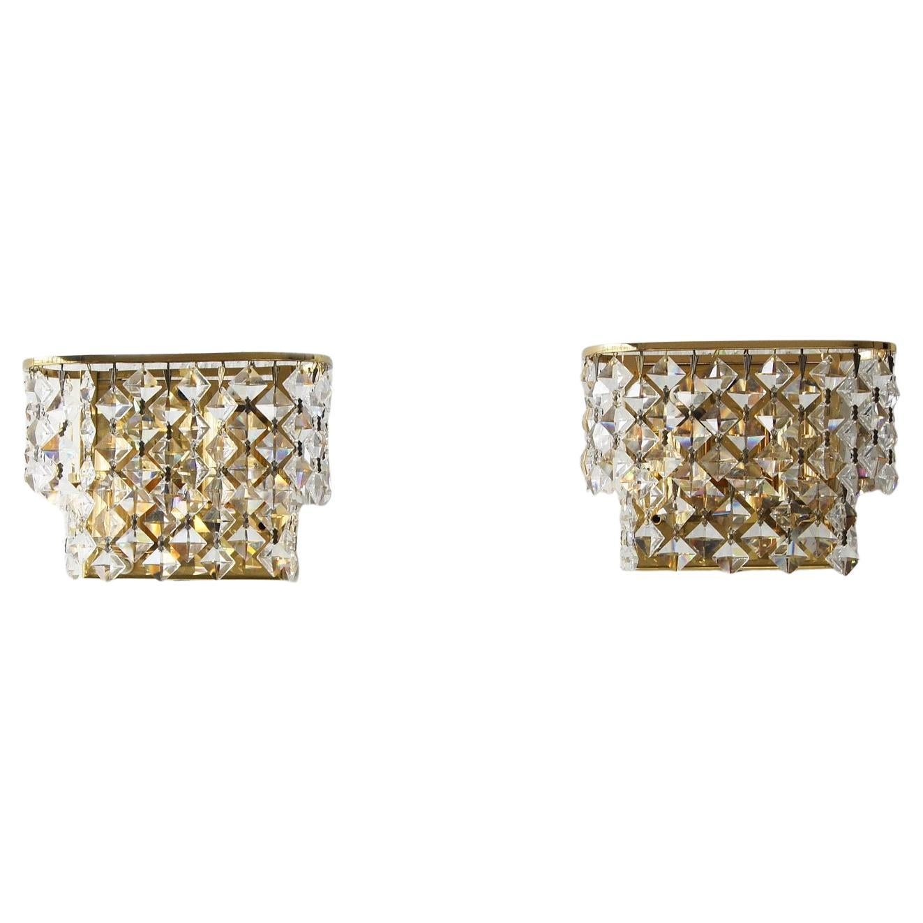 Hollywood Regency Brass and Crystal Glass Wall Lamps from Palwa, Set of 2
