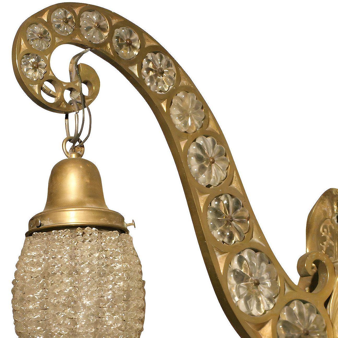 Belle Epoque Electric Scrolling Brass Crystal Sconce w Beaded Shade, 2 Available For Sale 1