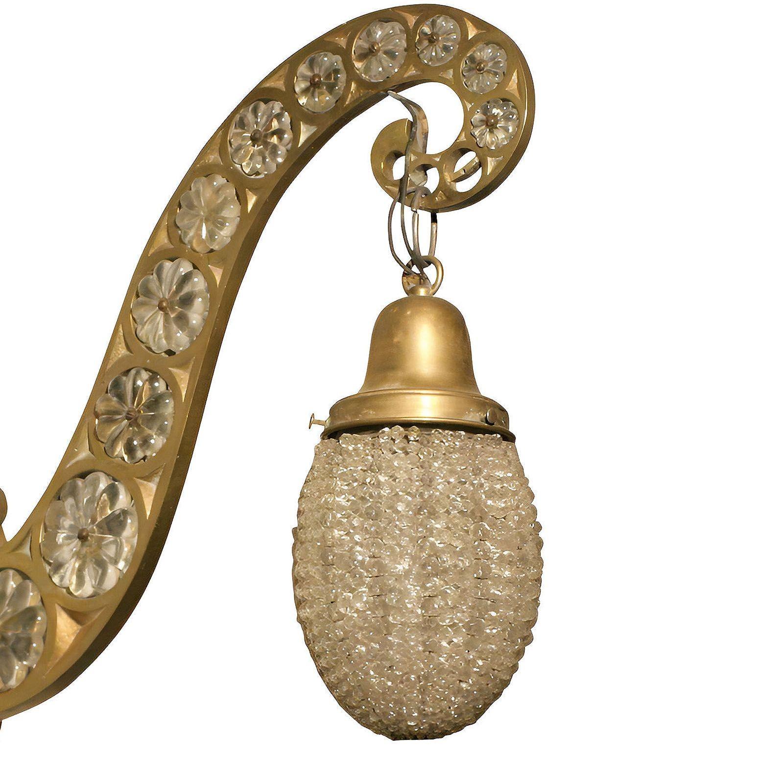 Late Victorian Belle Epoque Electric Scrolling Brass Crystal Sconce w Beaded Shade, 2 Available For Sale