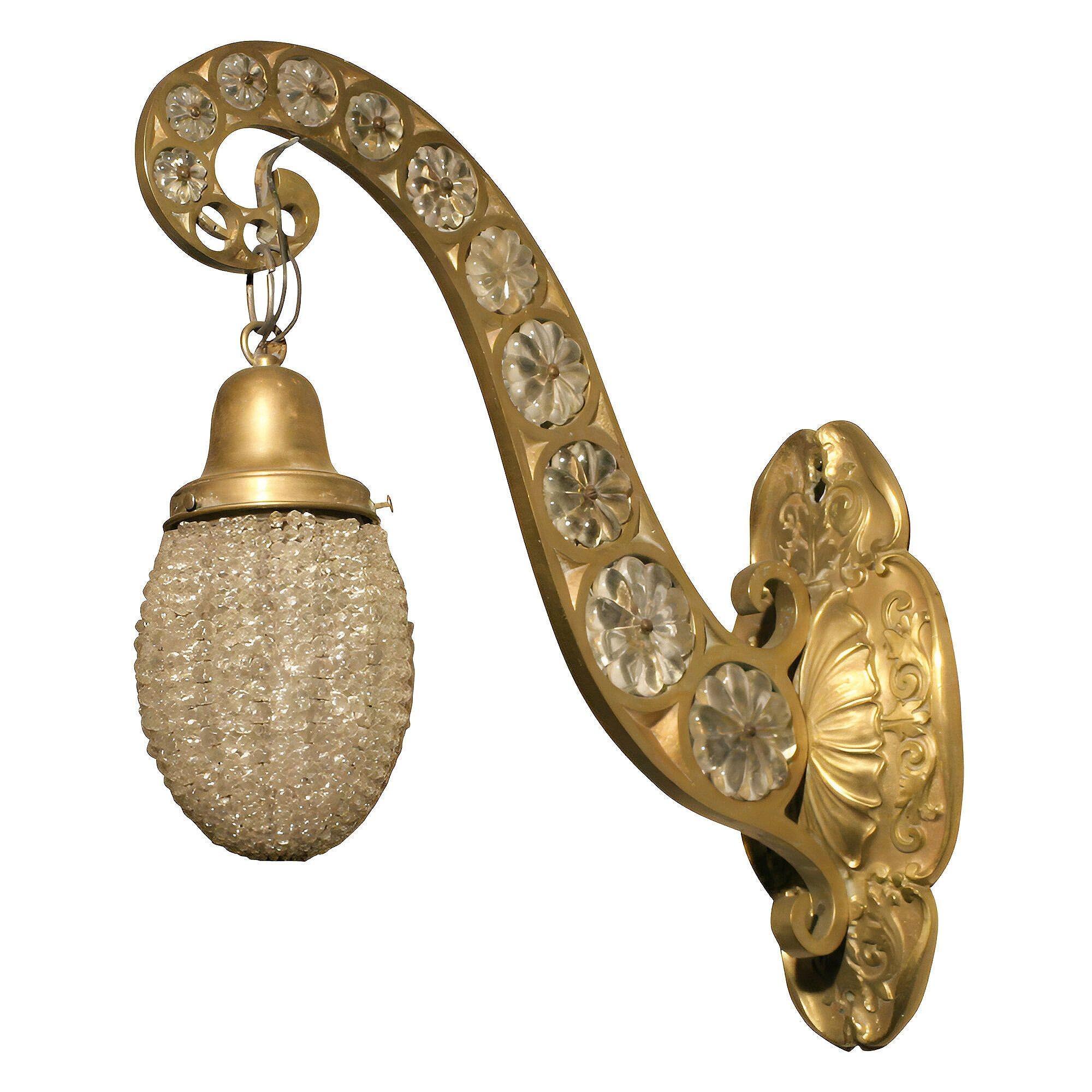 Belle Epoque Electric Scrolling Brass Crystal Sconce w Beaded Shade, 2 Available In Excellent Condition For Sale In Van Nuys, CA