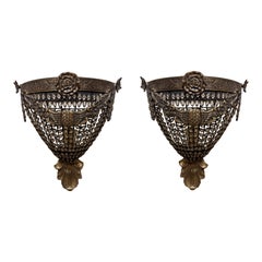 Hollywood Regency Brass and Crystal Sconces, USA, 1990s