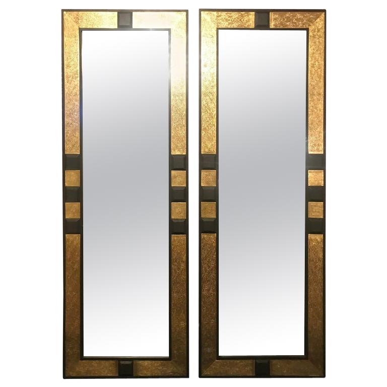 Hollywood Regency Brass and Ebony Wood Pier or Console Mirror, a Pair 