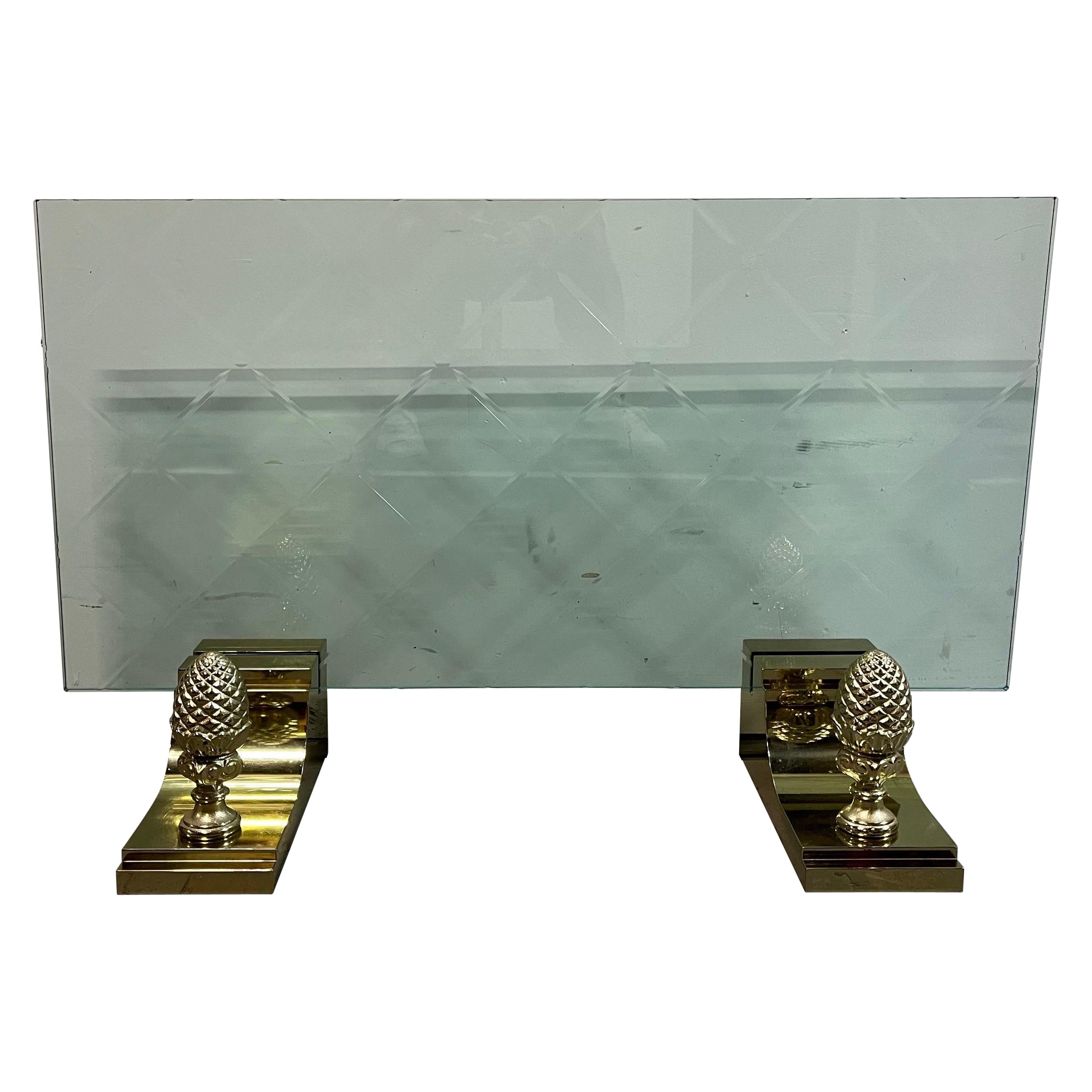 Hollywood Regency Brass and Etched Glass Firescreen
