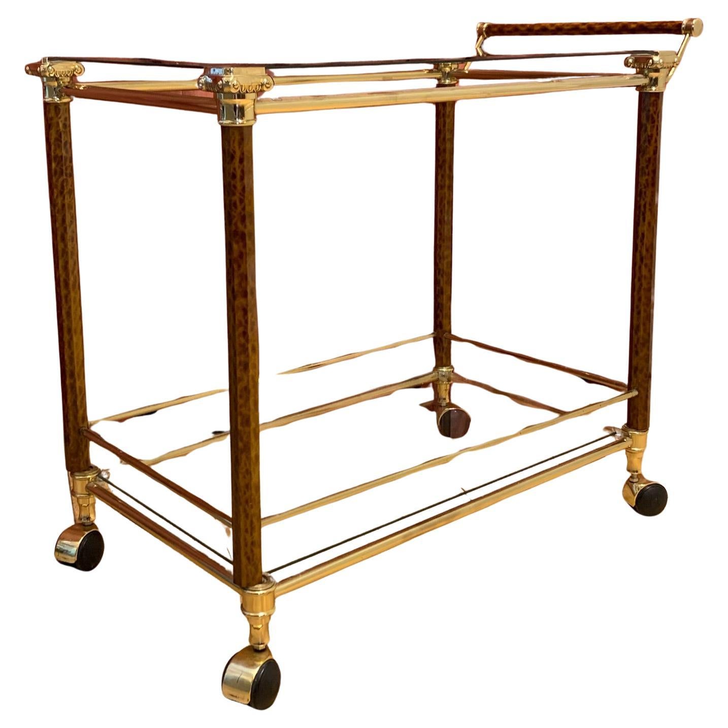 Hollywood Regency Brass and Glass Bar Cart with Tortoiseshell-Effect Columns For Sale