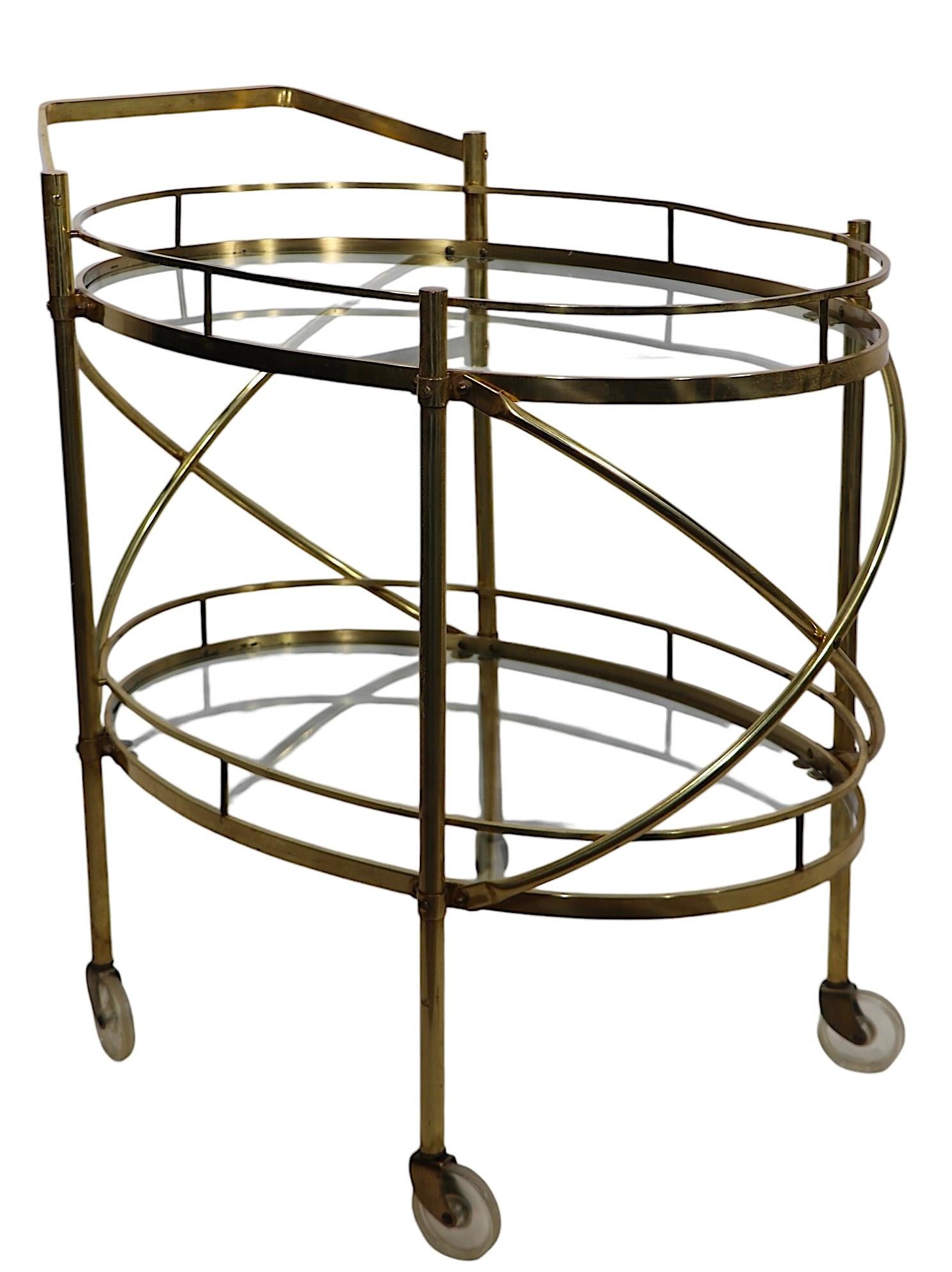 20th Century Hollywood Regency Brass and Glass Bar Serving Cart For Sale