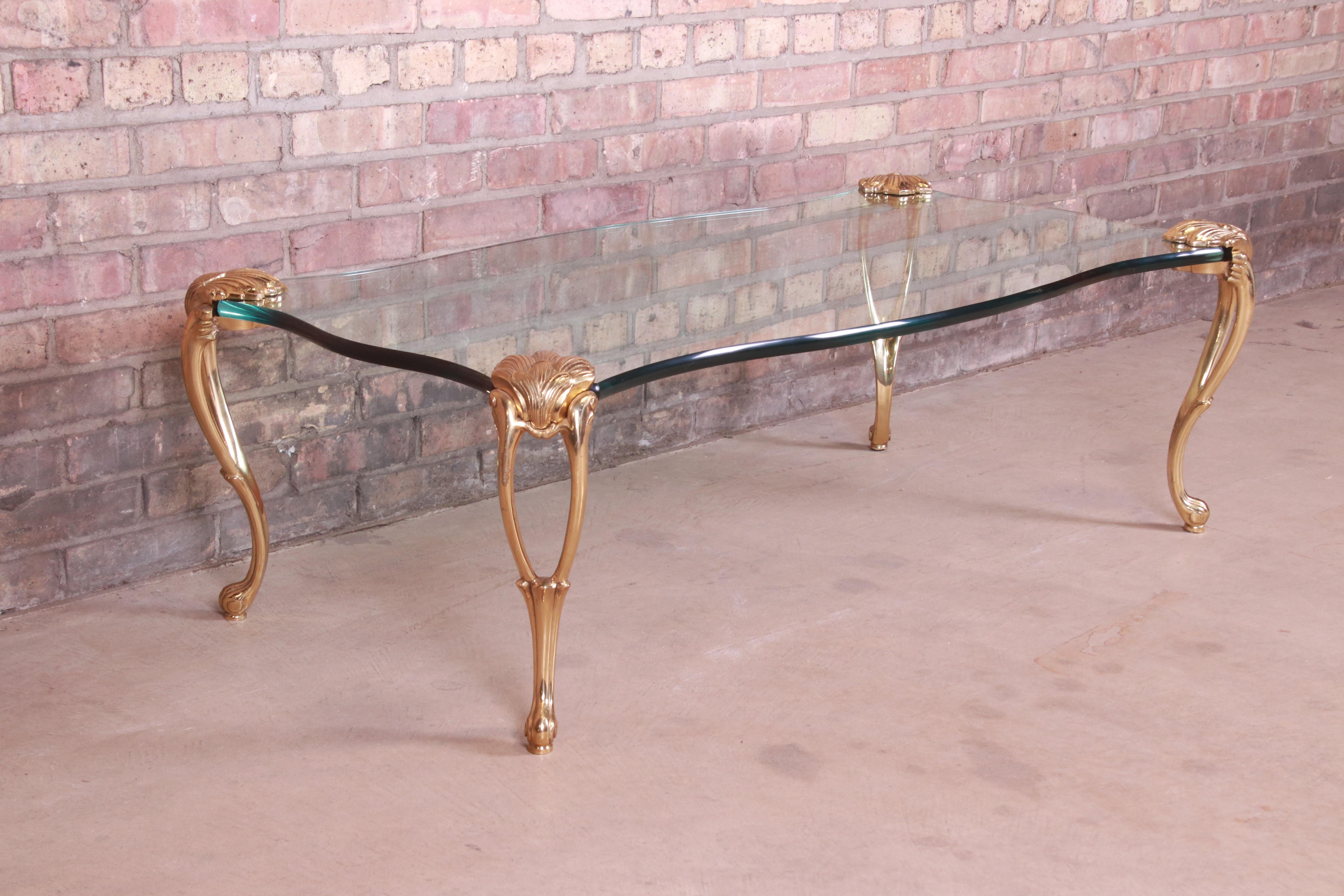 Hollywood Regency Brass and Glass Cocktail Table in the Manner of P.E. Guerin In Good Condition In South Bend, IN