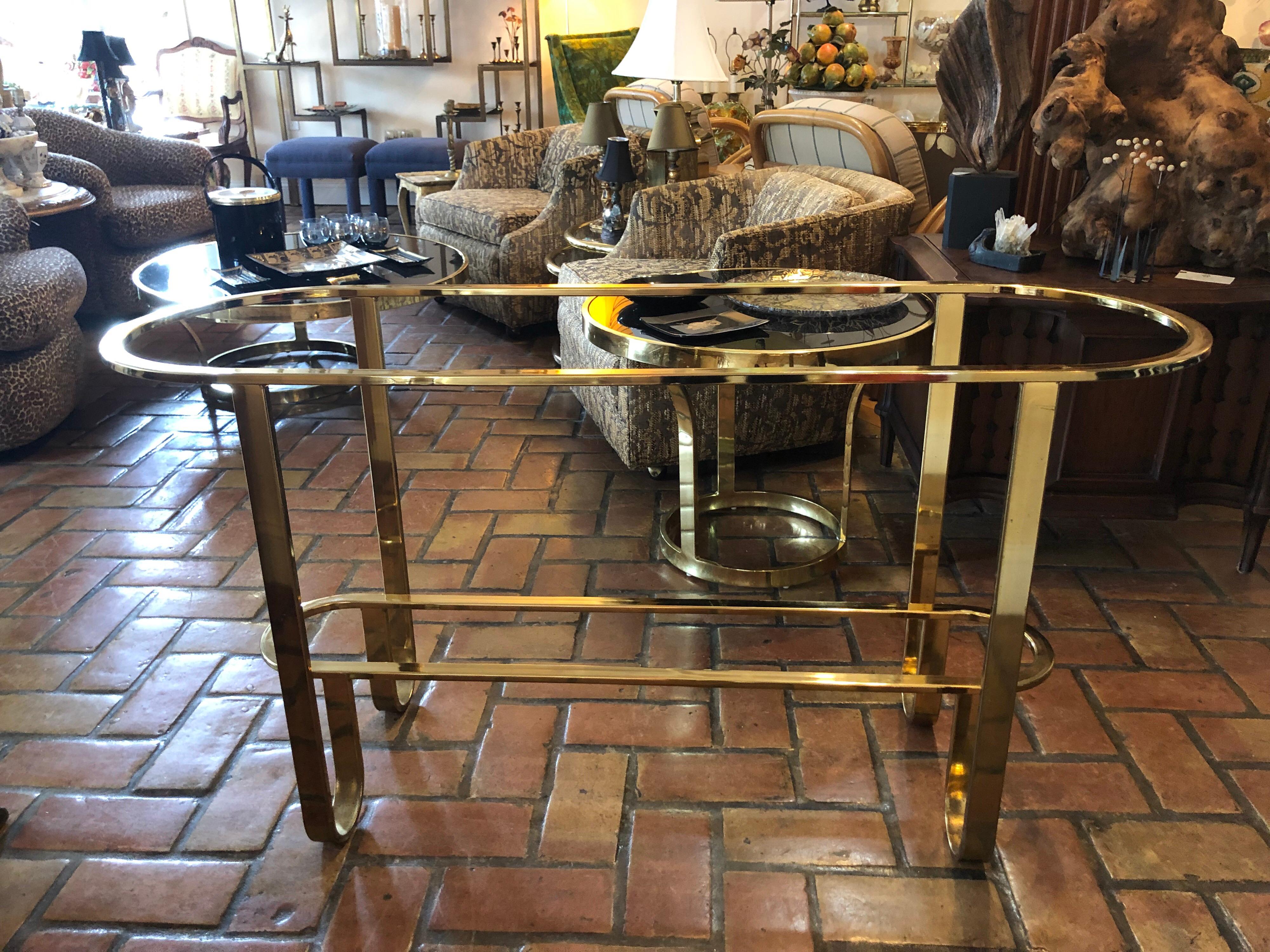 Hollywood Regency Brass and Glass Console Table 9