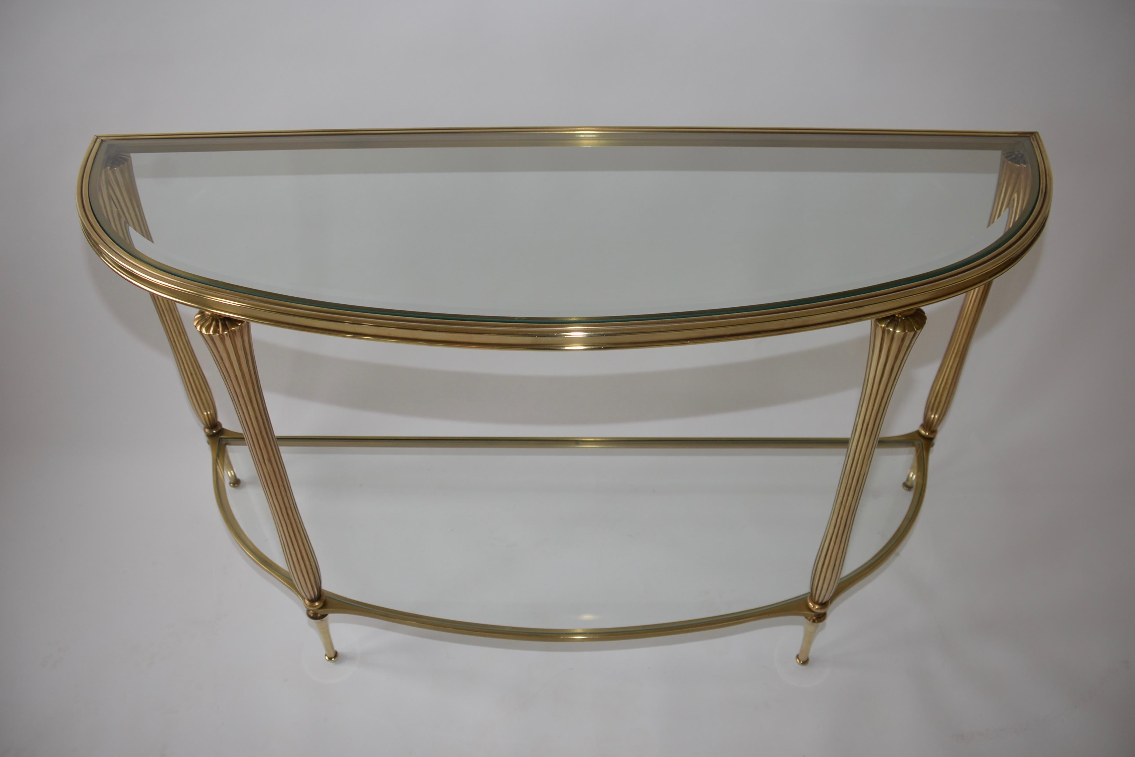 glass brass console table