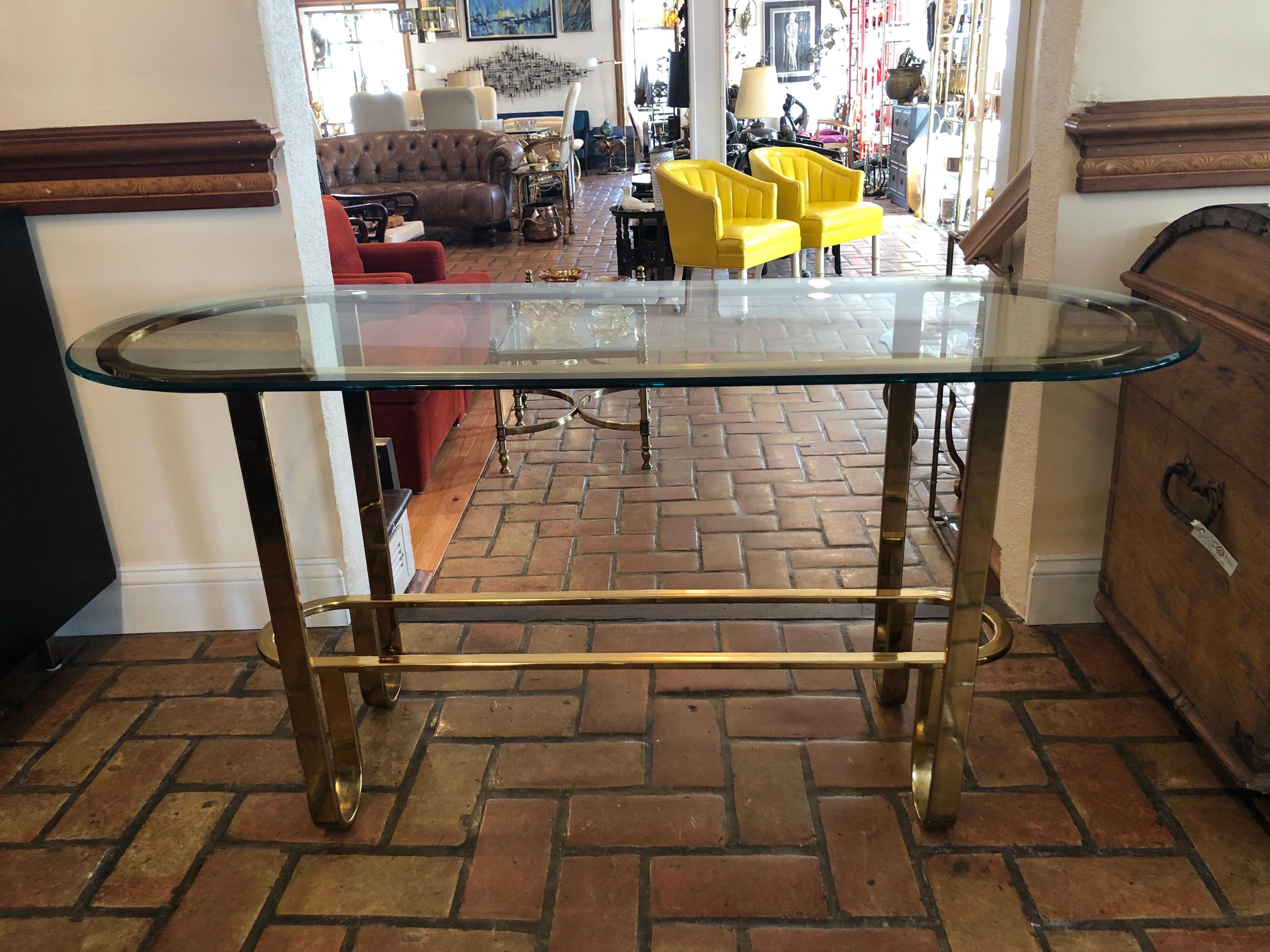American Hollywood Regency Brass and Glass Console Table