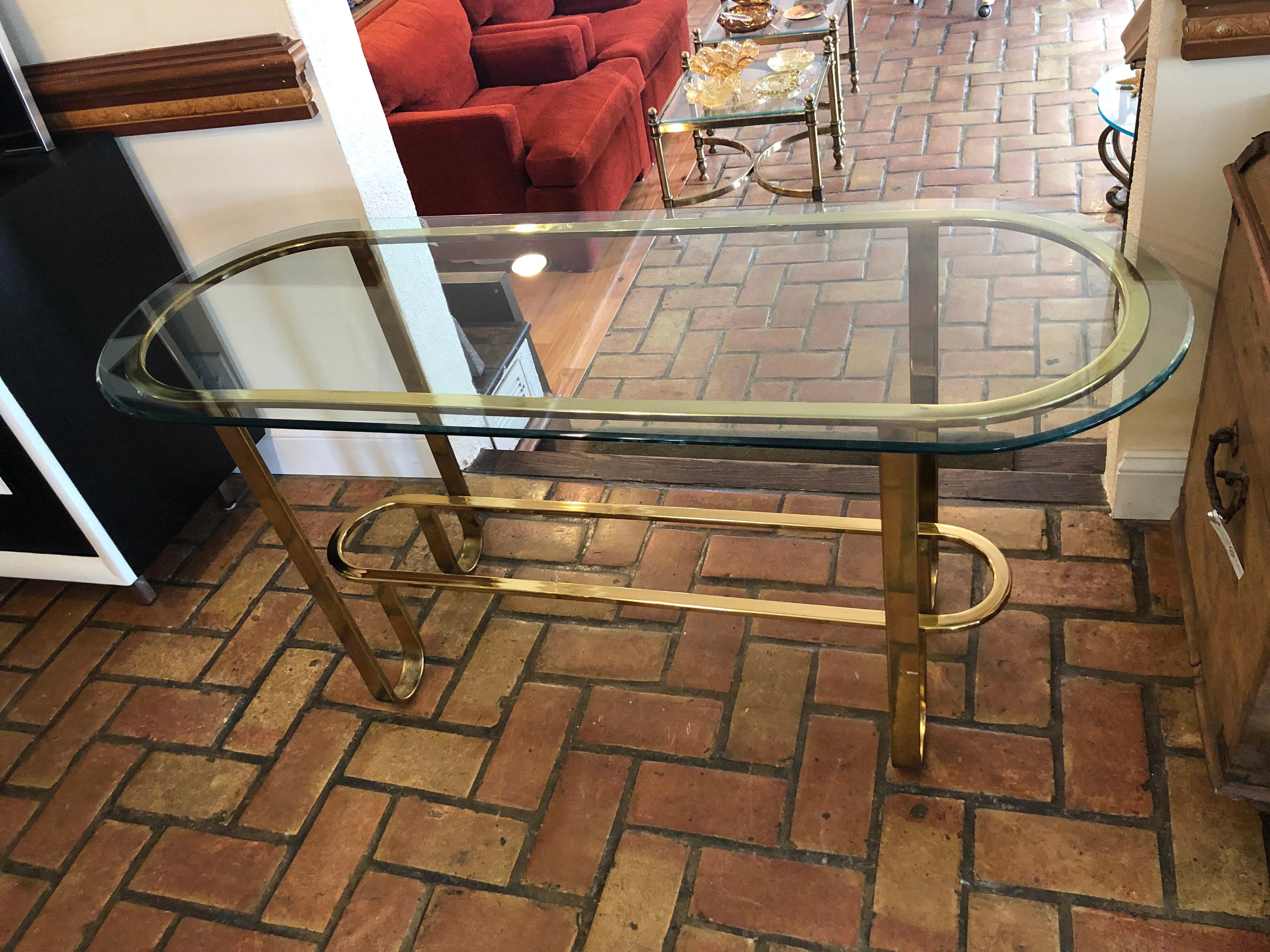 Polished Hollywood Regency Brass and Glass Console Table
