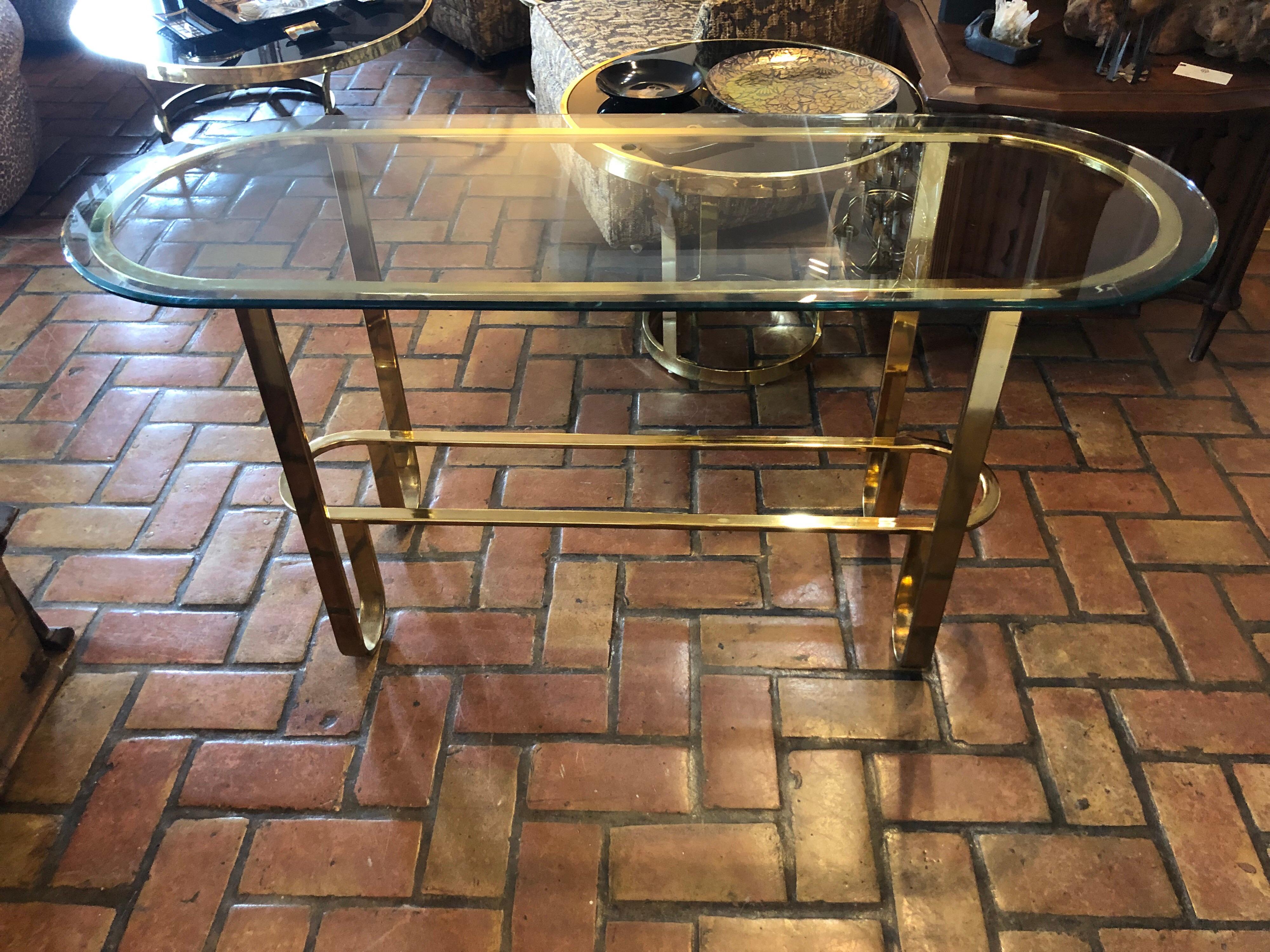 Hollywood Regency Brass and Glass Console Table 1