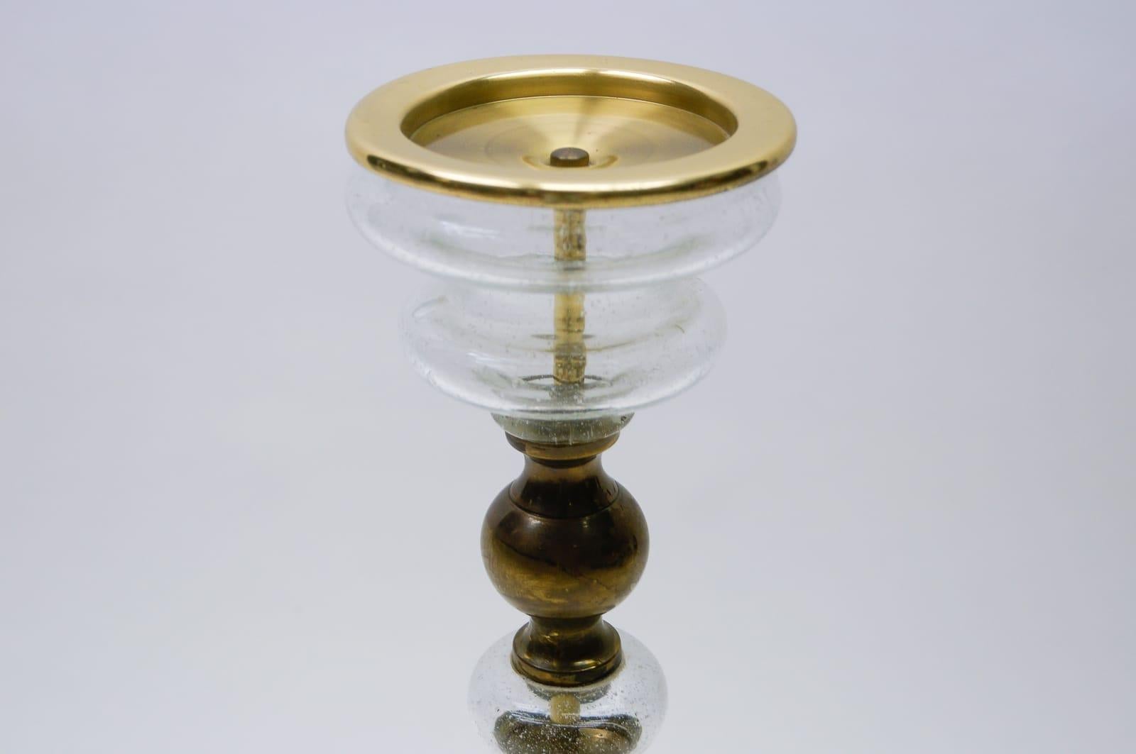 Italian Hollywood Regency Brass and Glass Floor Candle Holder, 1960s Italy For Sale