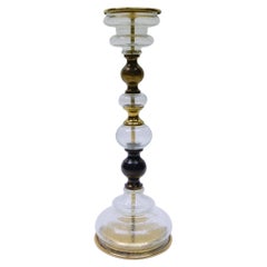 Hollywood Regency Brass and Glass Floor Candle Holder, 1960s Italy