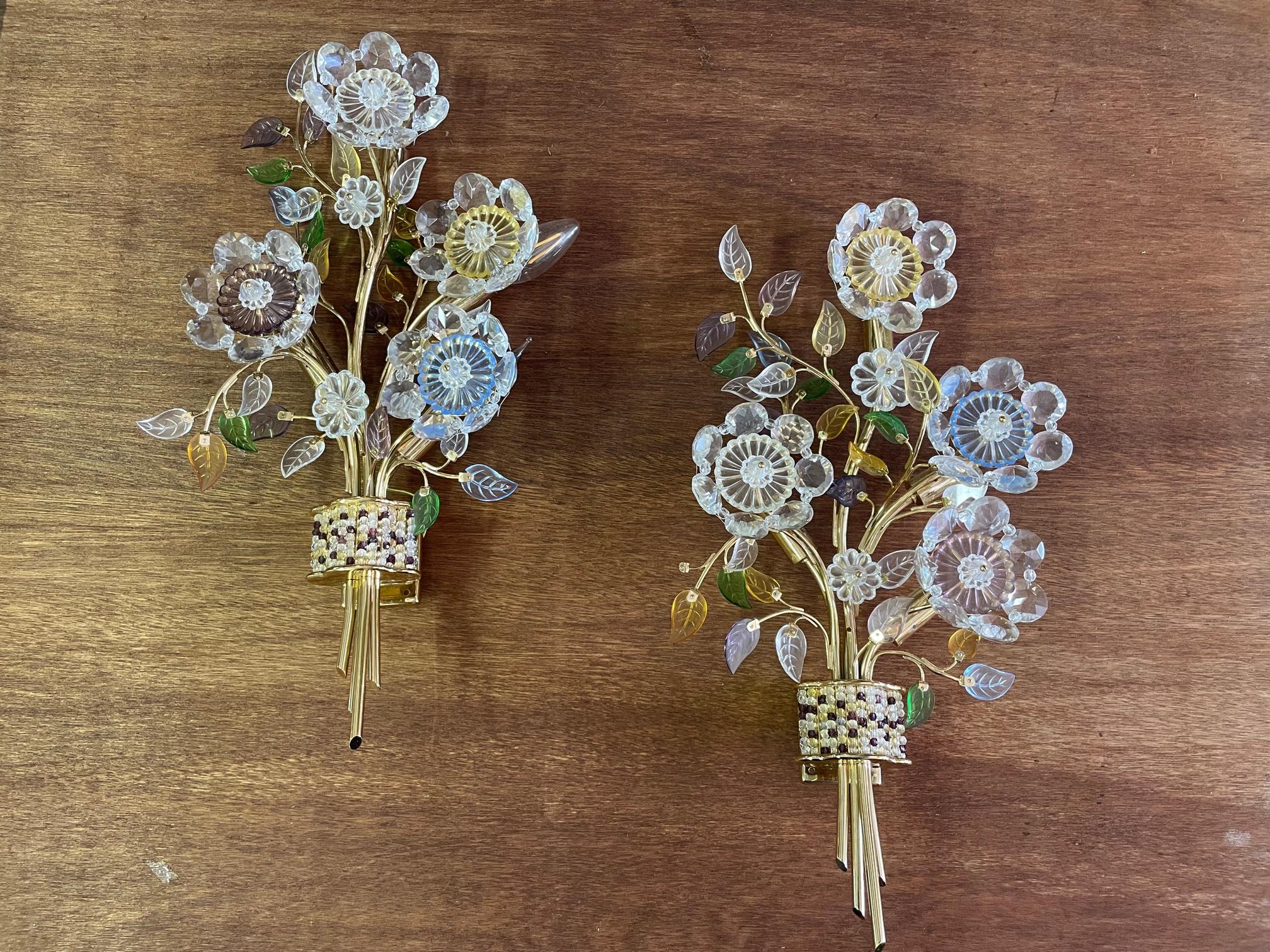 Hollywood Regency Brass and Glass Floral Bouquet Wall Sconces 4