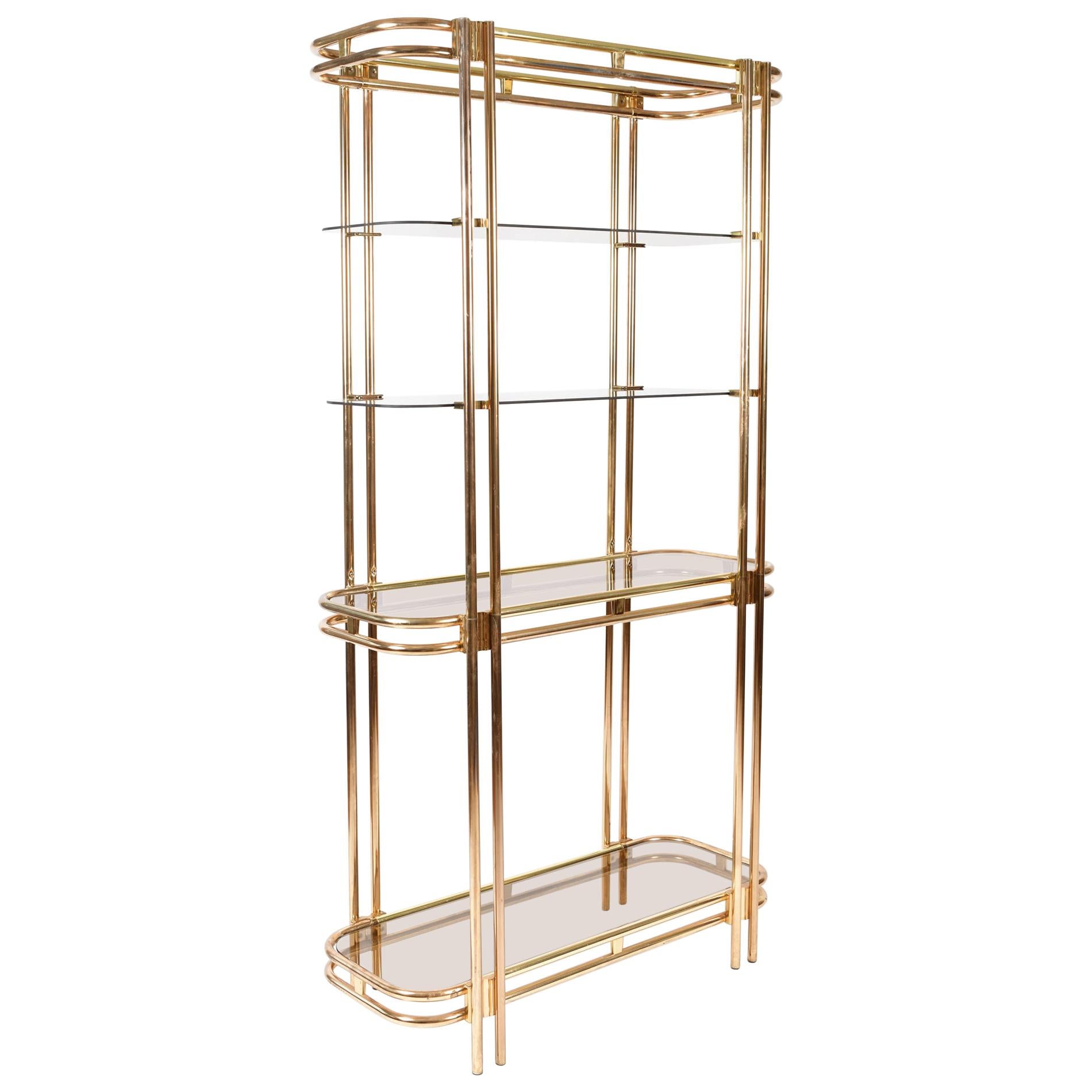 1970s American Hollywood Regency Brass and Glass Shelving Unit