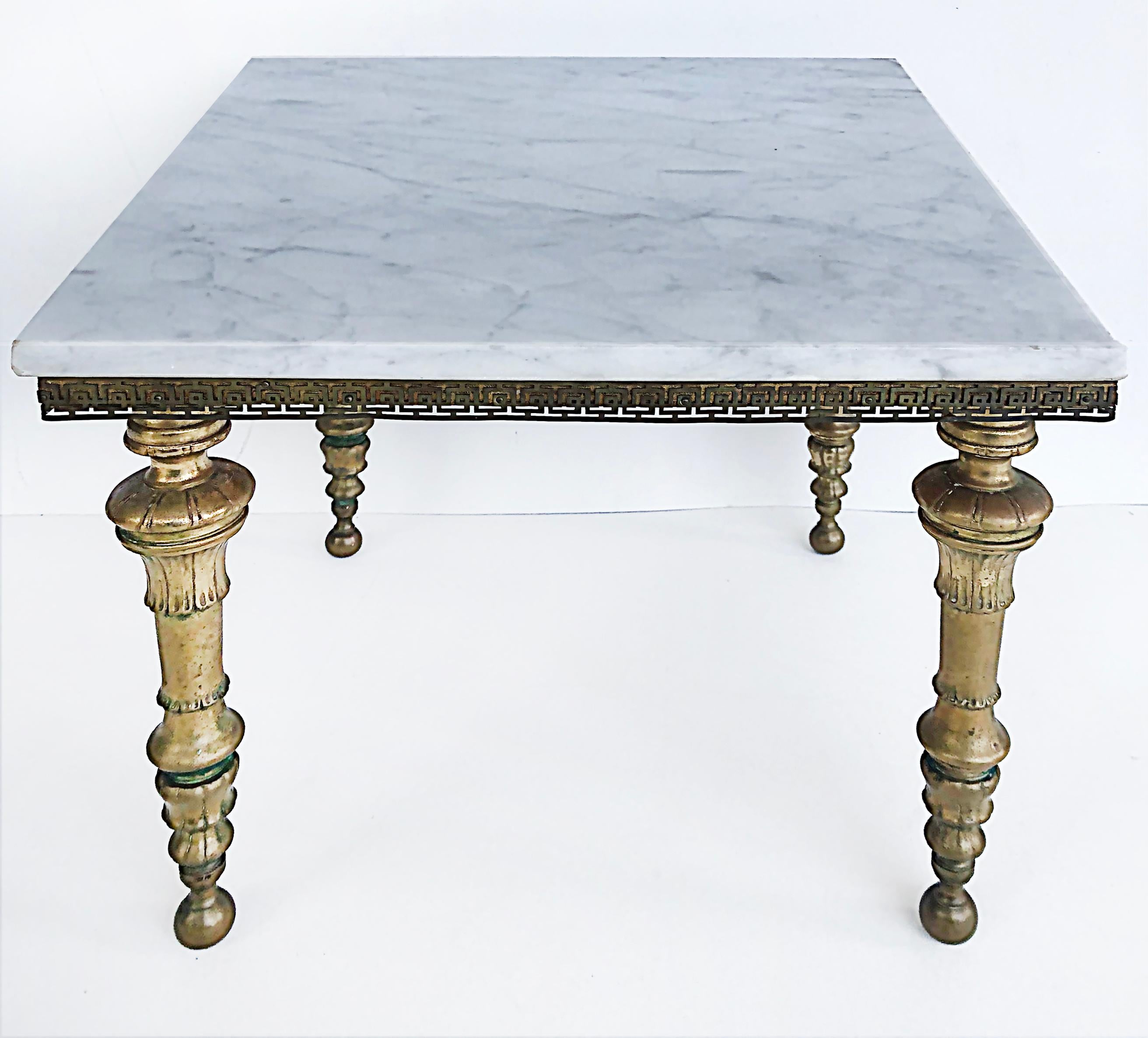 American Hollywood Regency Brass and Italian Carrara Marble Tables, Pair For Sale