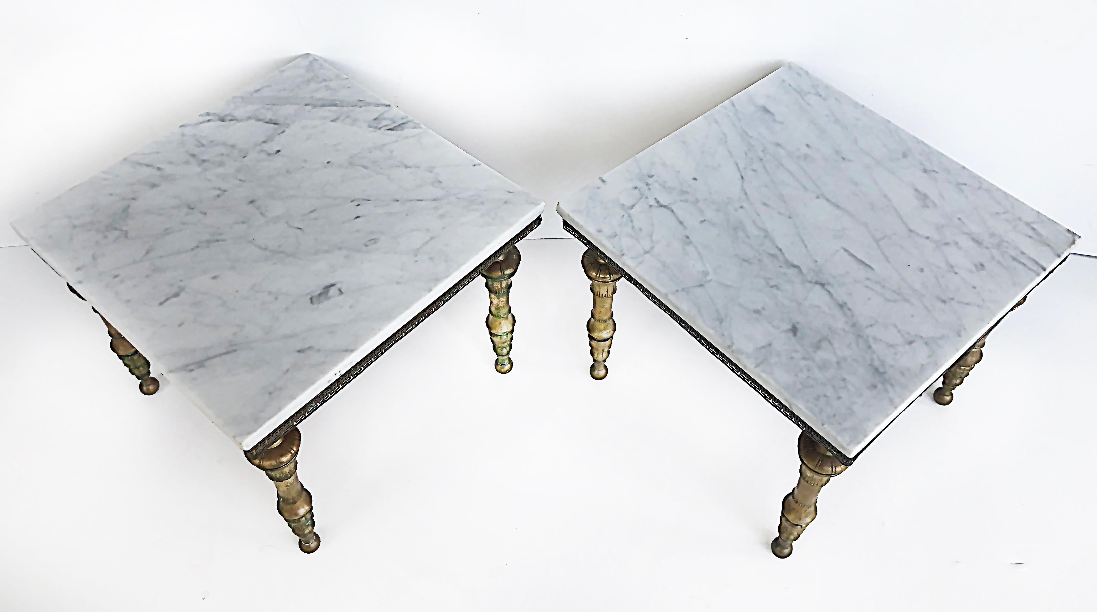 Hollywood Regency Brass and Italian Carrara Marble Tables, Pair In Good Condition For Sale In Miami, FL