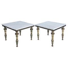 Vintage Hollywood Regency Brass and Italian Carrara Marble Tables, Pair