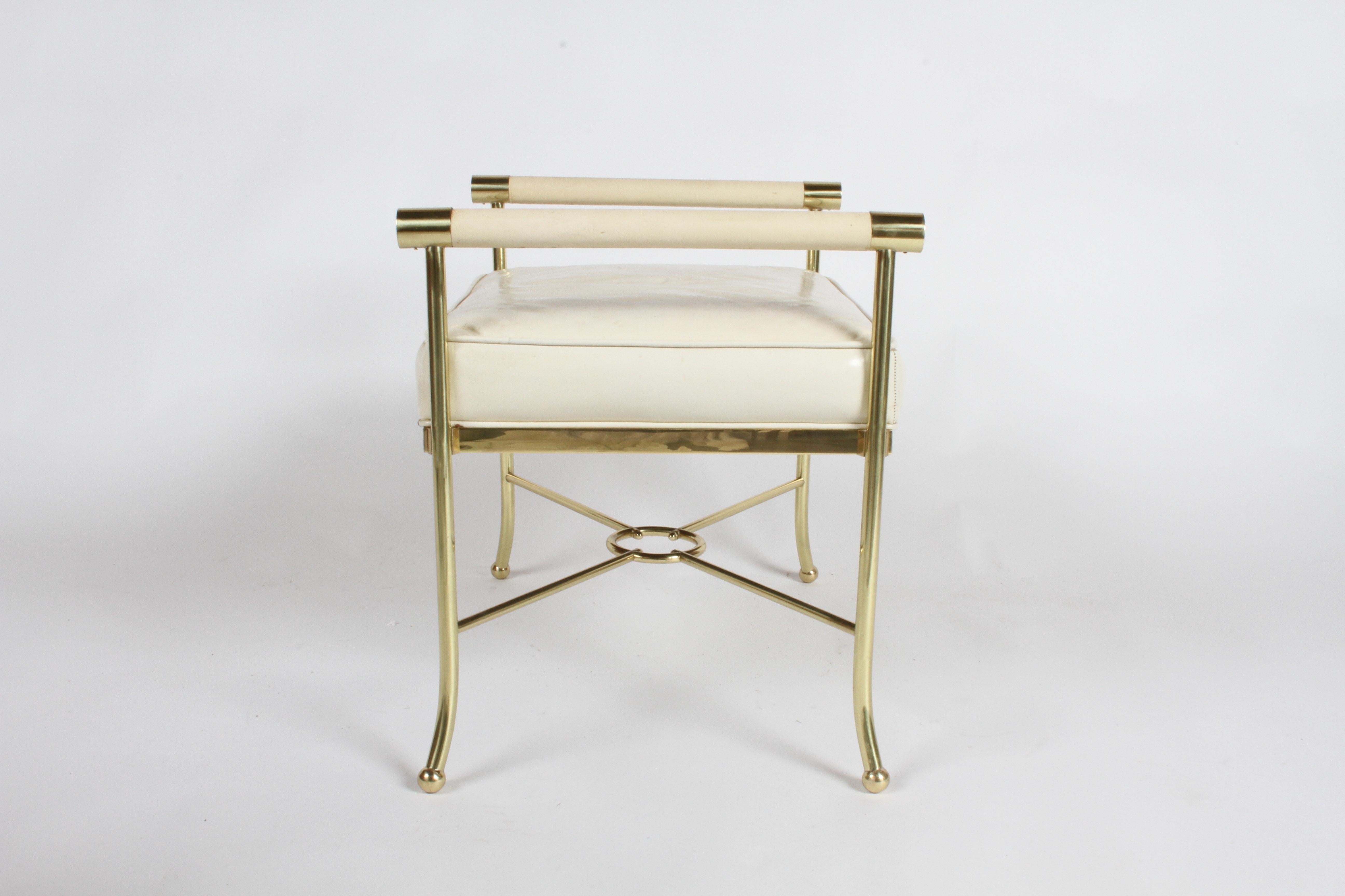 American Hollywood Regency Brass and Leather Vanity Bench
