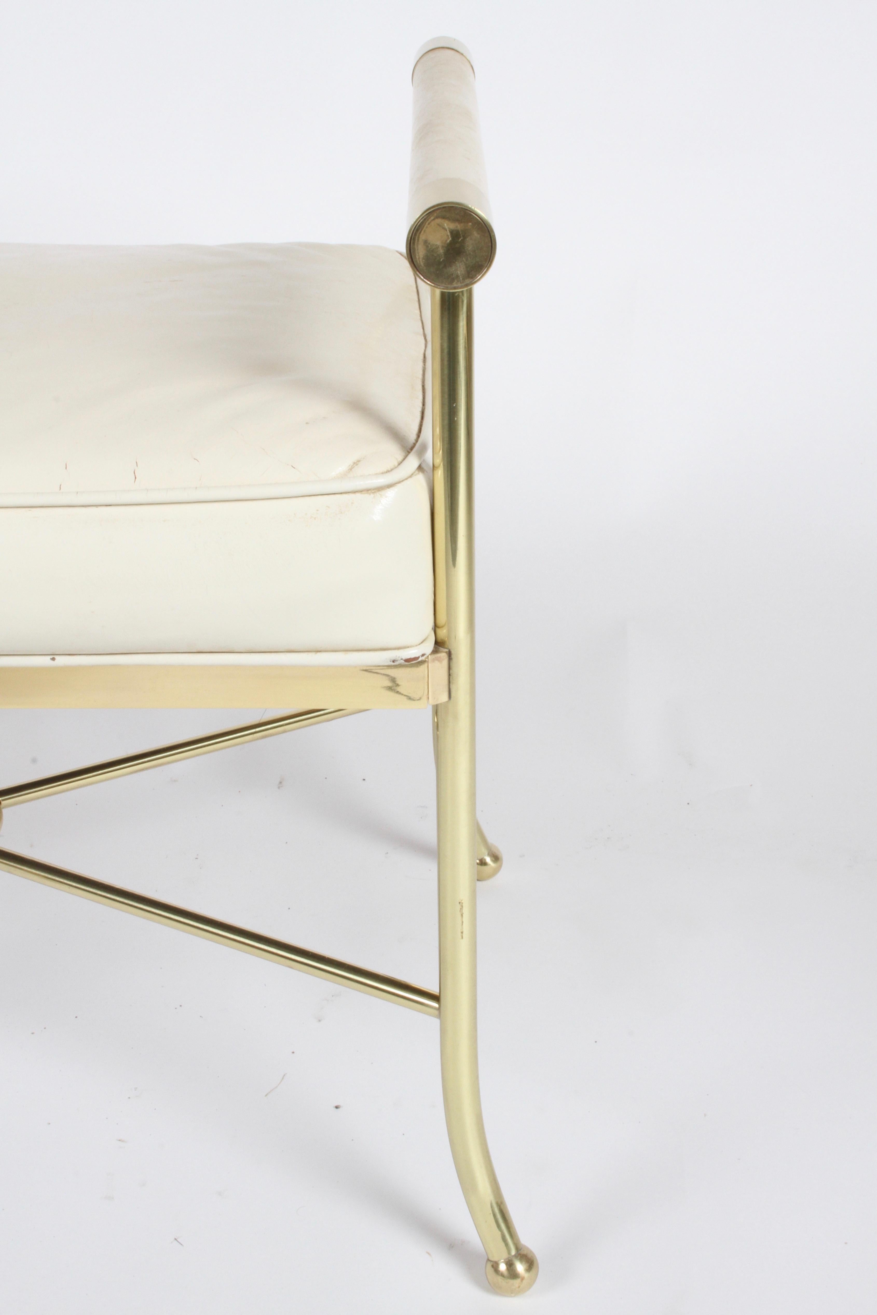Polished Hollywood Regency Brass and Leather Vanity Bench