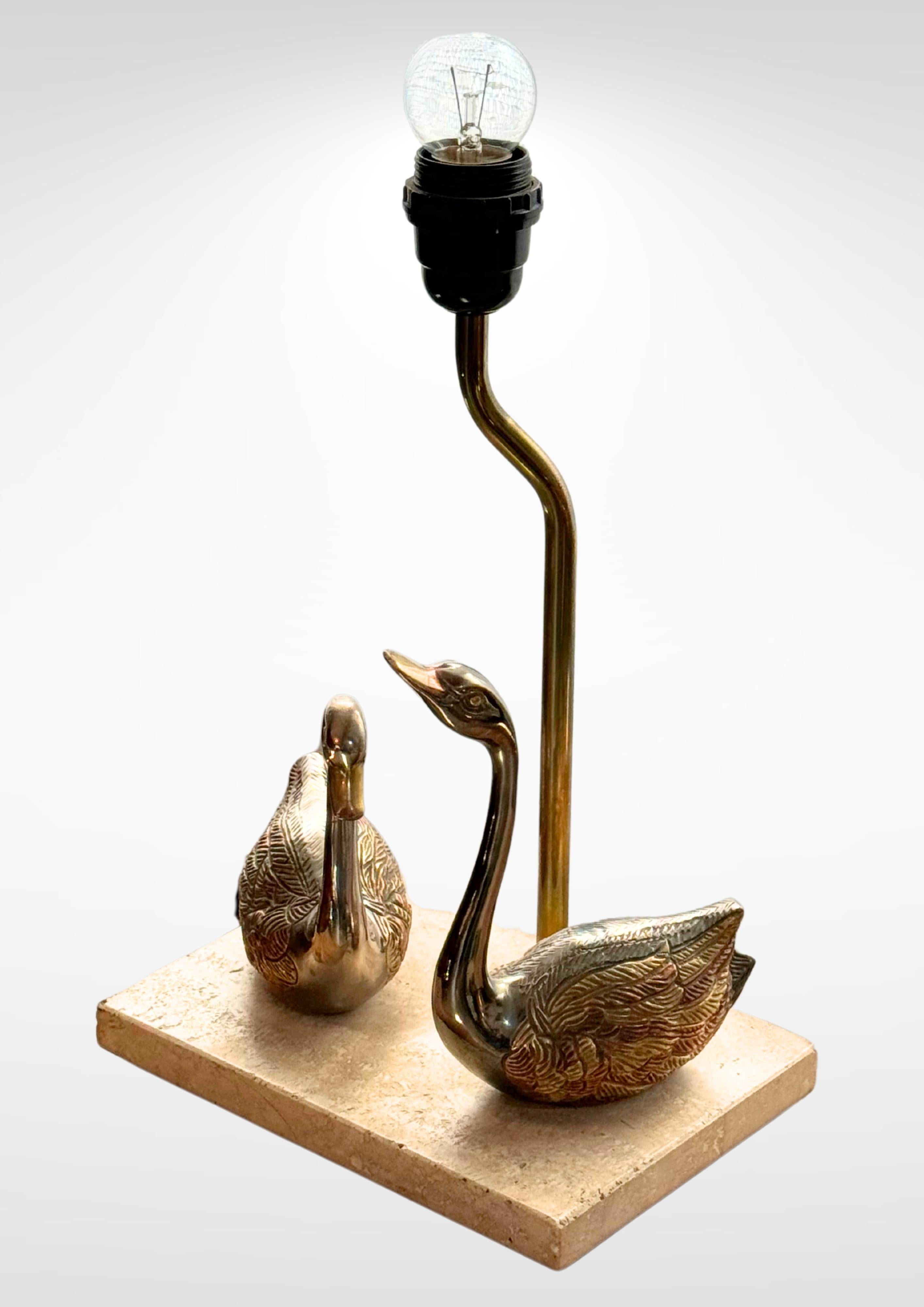 Hollywood Regency Brass and Marble Table Lamp With Swans by Deknudt Belgium 3