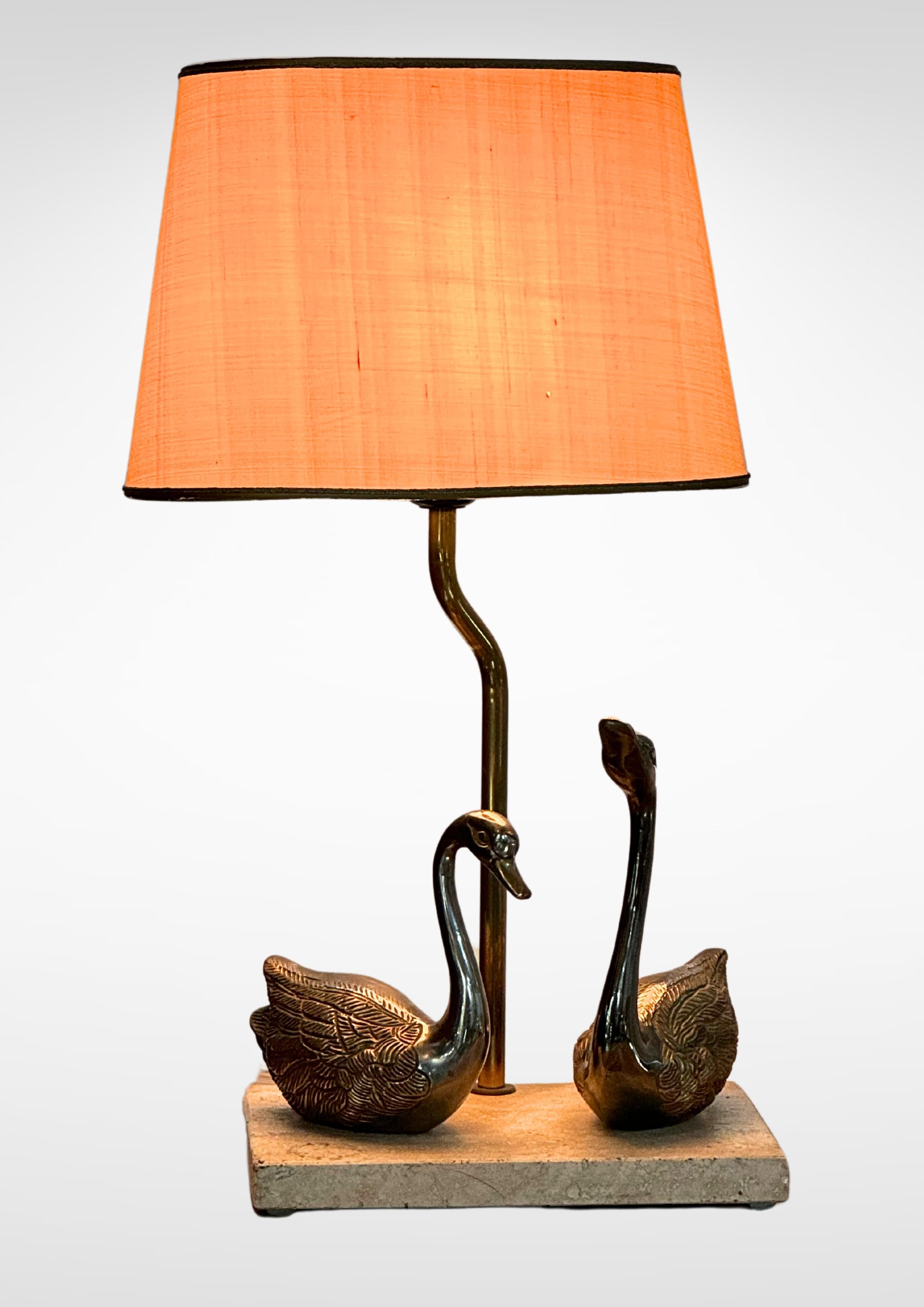 Mid-Century Modern Hollywood Regency Brass and Marble Table Lamp With Swans by Deknudt Belgium