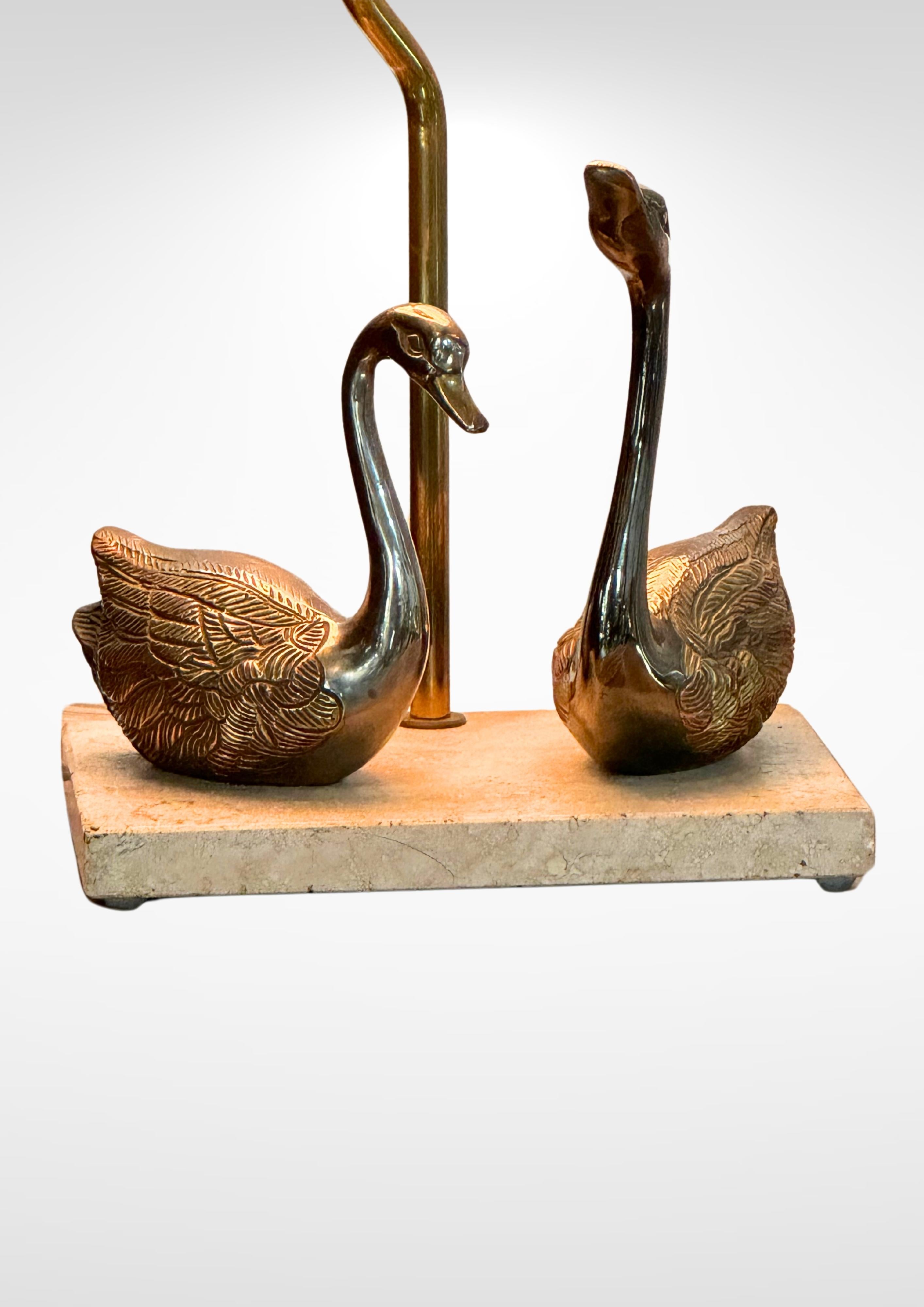 Belgian Hollywood Regency Brass and Marble Table Lamp With Swans by Deknudt Belgium