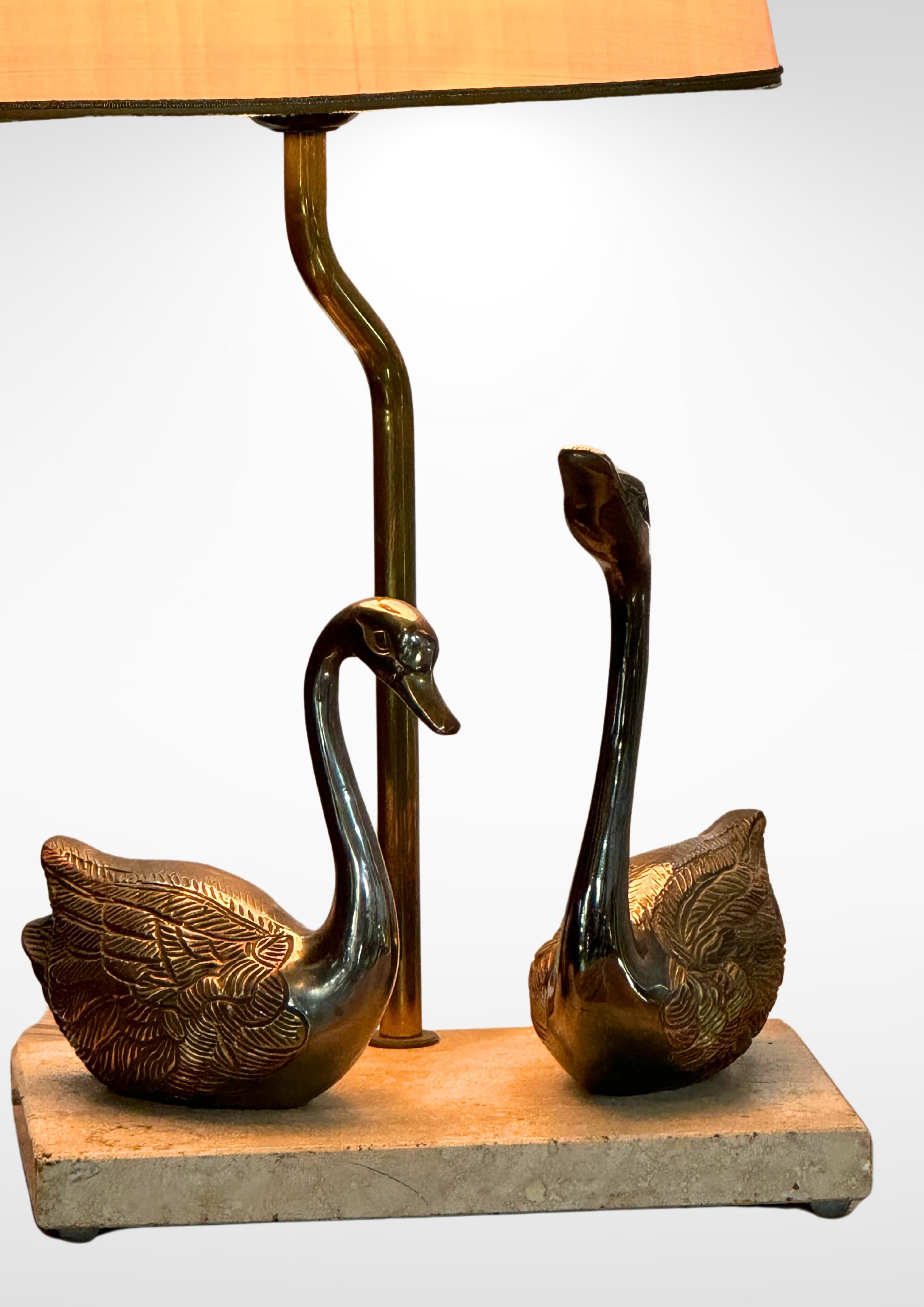 Cast Hollywood Regency Brass and Marble Table Lamp With Swans by Deknudt Belgium
