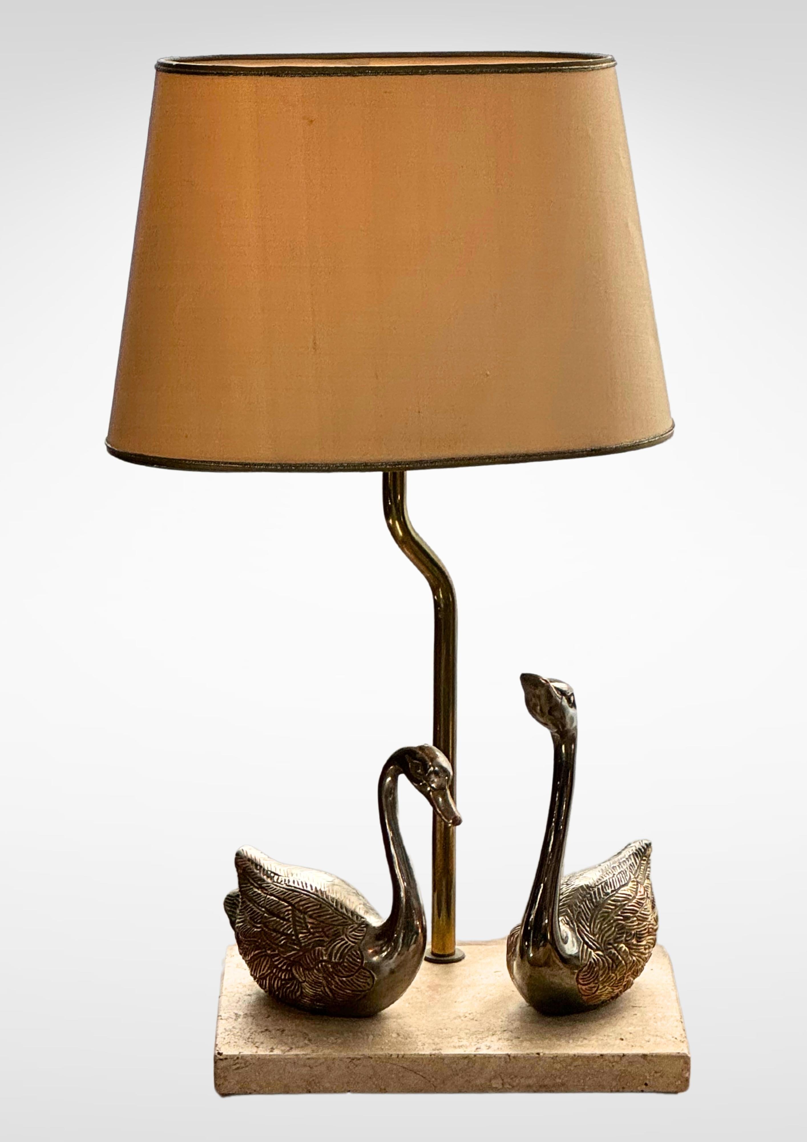 Hollywood Regency Brass and Marble Table Lamp With Swans by Deknudt Belgium In Good Condition In Torquay, GB