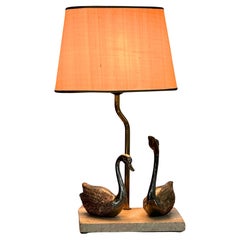Hollywood Regency Brass and Marble Table Lamp With Swans by Deknudt Belgium