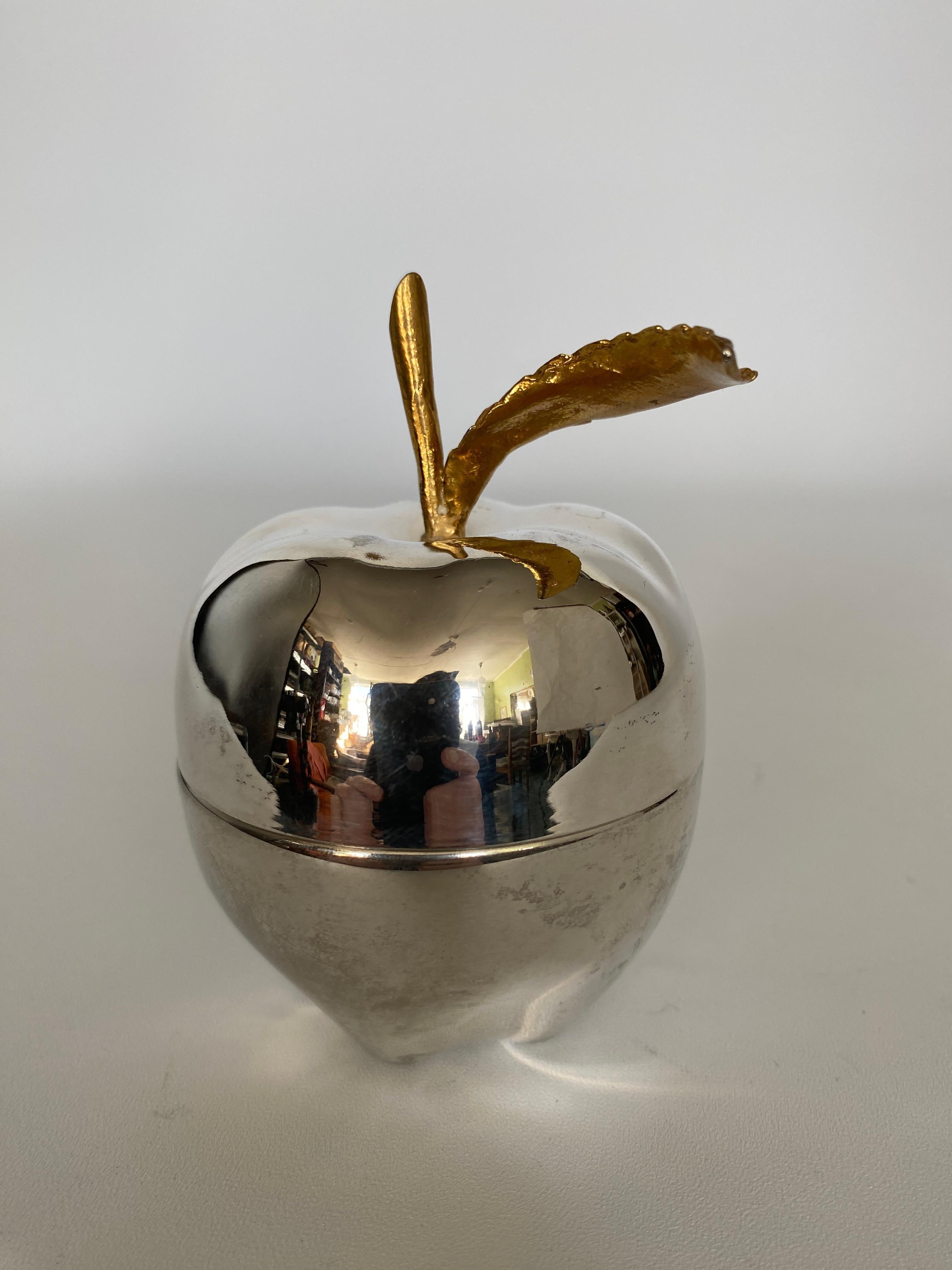 Metal Hollywood Regency Silver Plated and Brass Apple Trinket Box For Sale