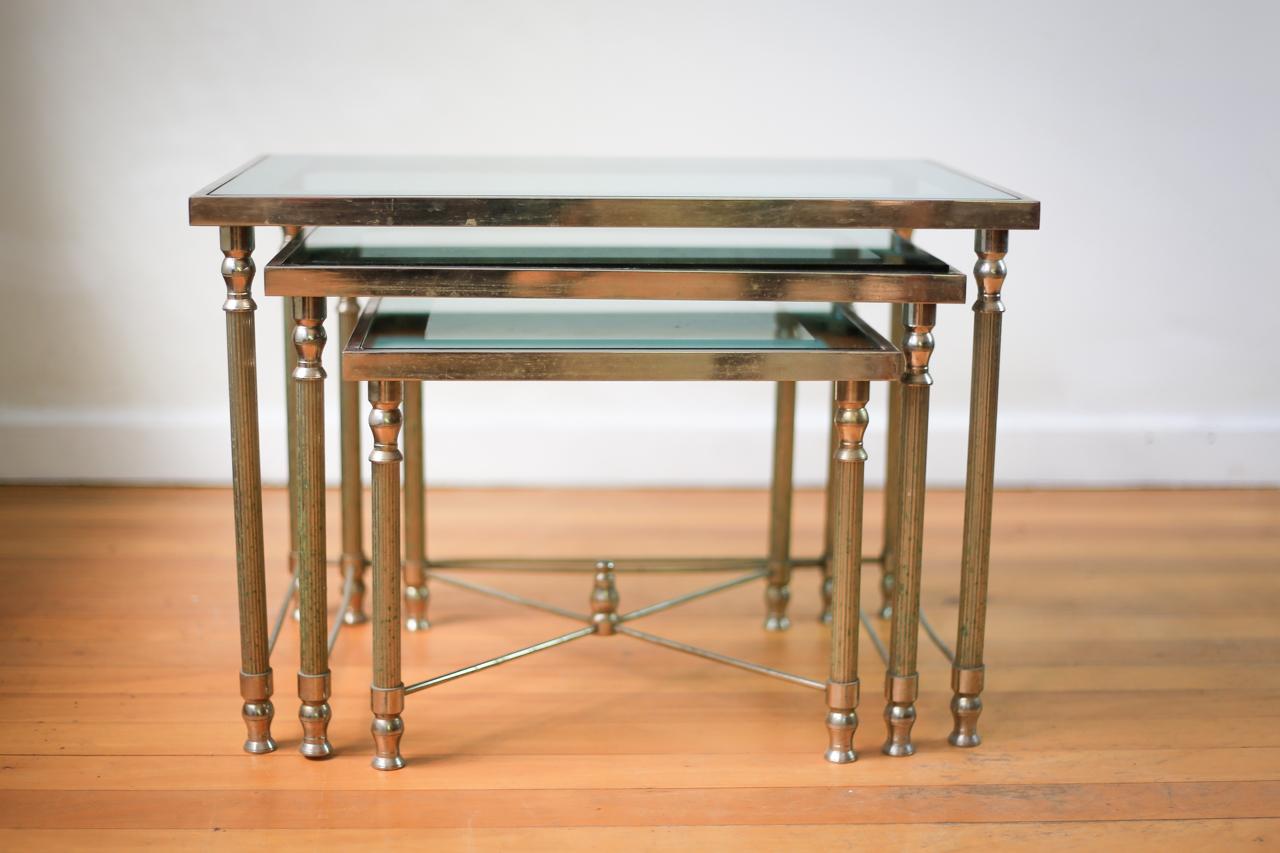 Hollywood Regency Brass and Mirrored Glass Nest of Tables Maison Jansen Style For Sale 10