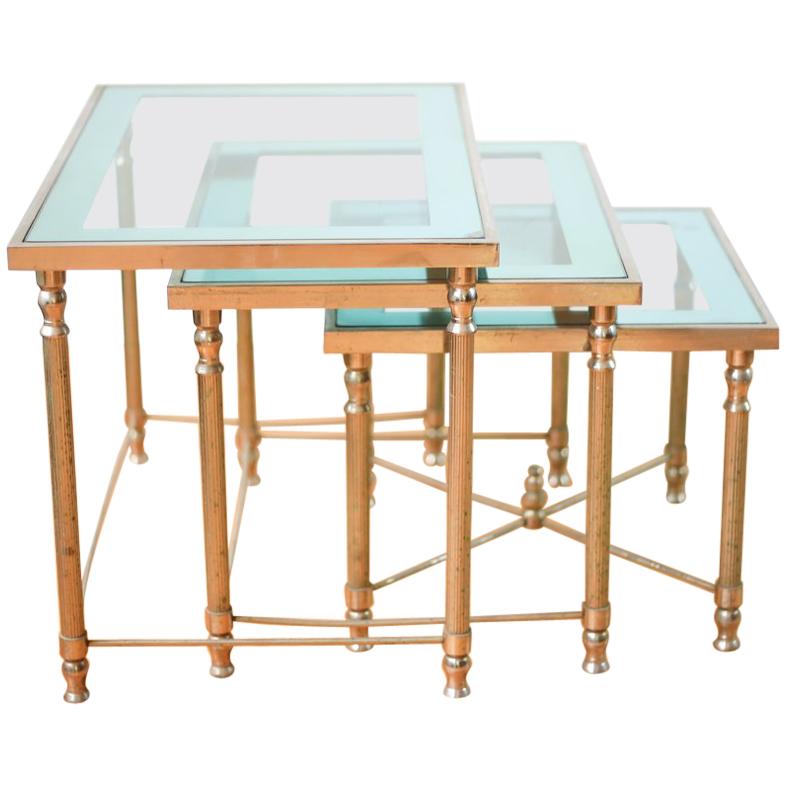 Hollywood Regency Brass and Mirrored Glass Nest of Tables Maison Jansen Style For Sale 11