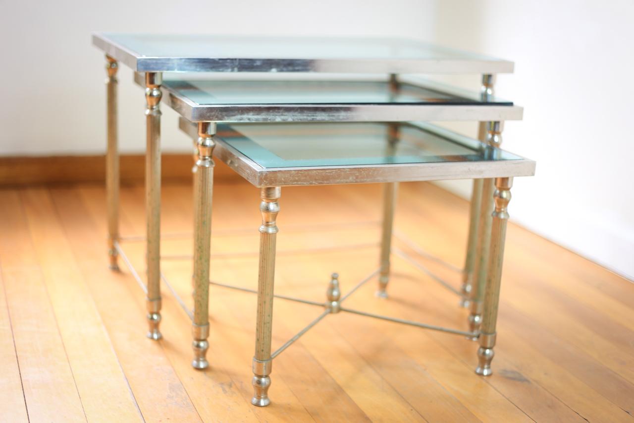 Plated Hollywood Regency Brass and Mirrored Glass Nest of Tables Maison Jansen Style For Sale