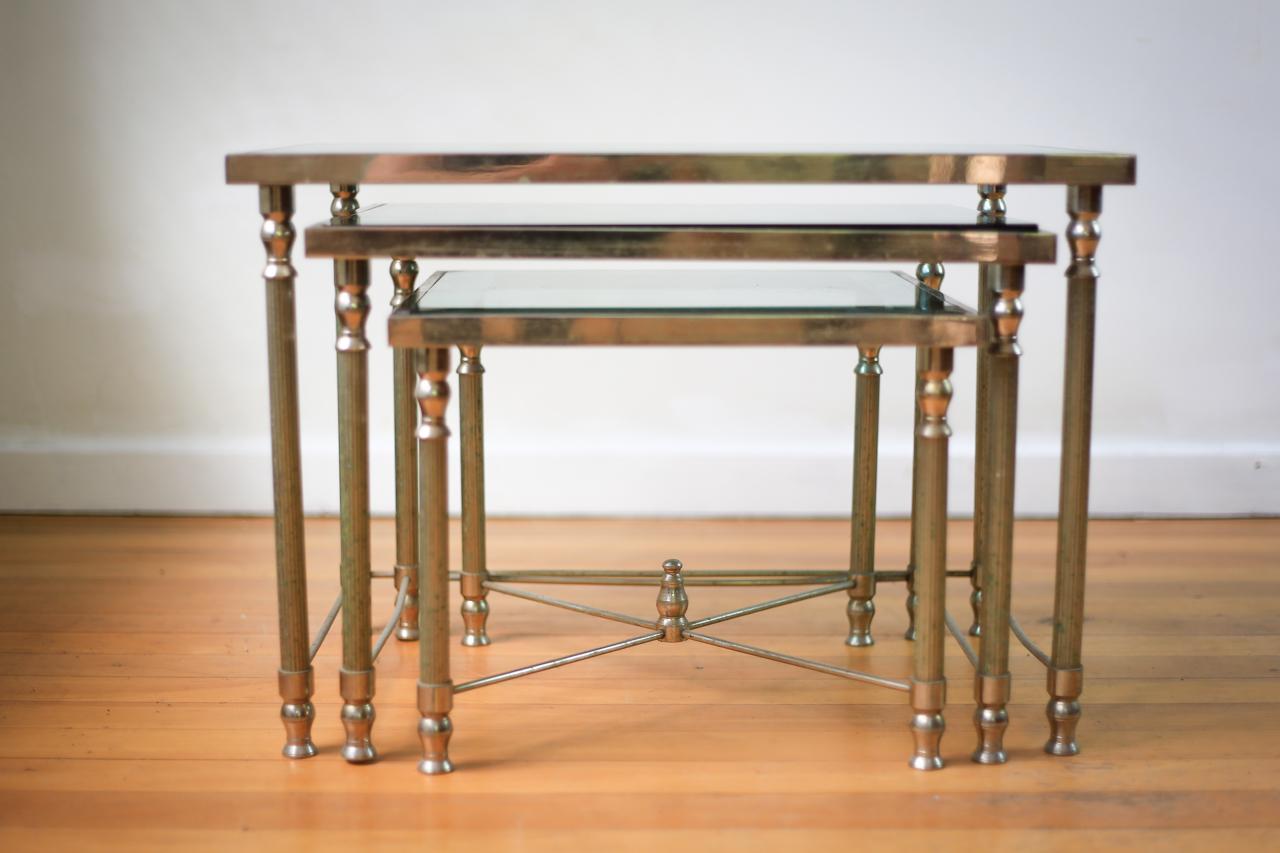 Hollywood Regency Brass and Mirrored Glass Nest of Tables Maison Jansen Style In Fair Condition For Sale In Cape Town, Western Cape